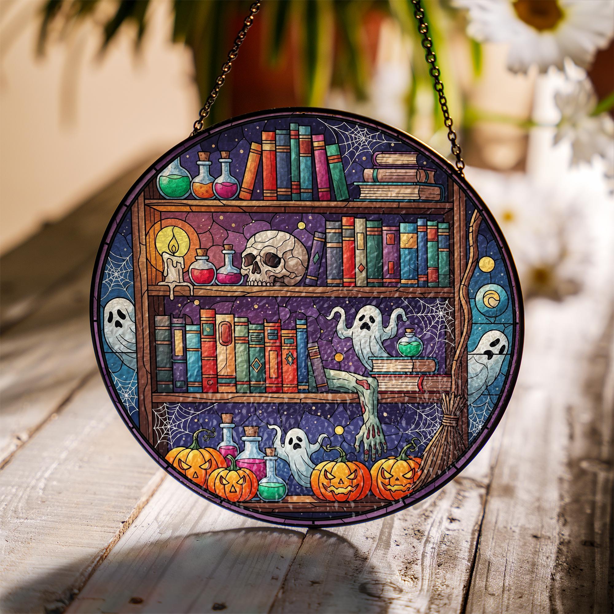 Halloween Bookshelf Faux Stained Glass Suncatcher – Ghost Potion Book Decor, Spooky Witchy Window Hanging, Gothic Fall Gift