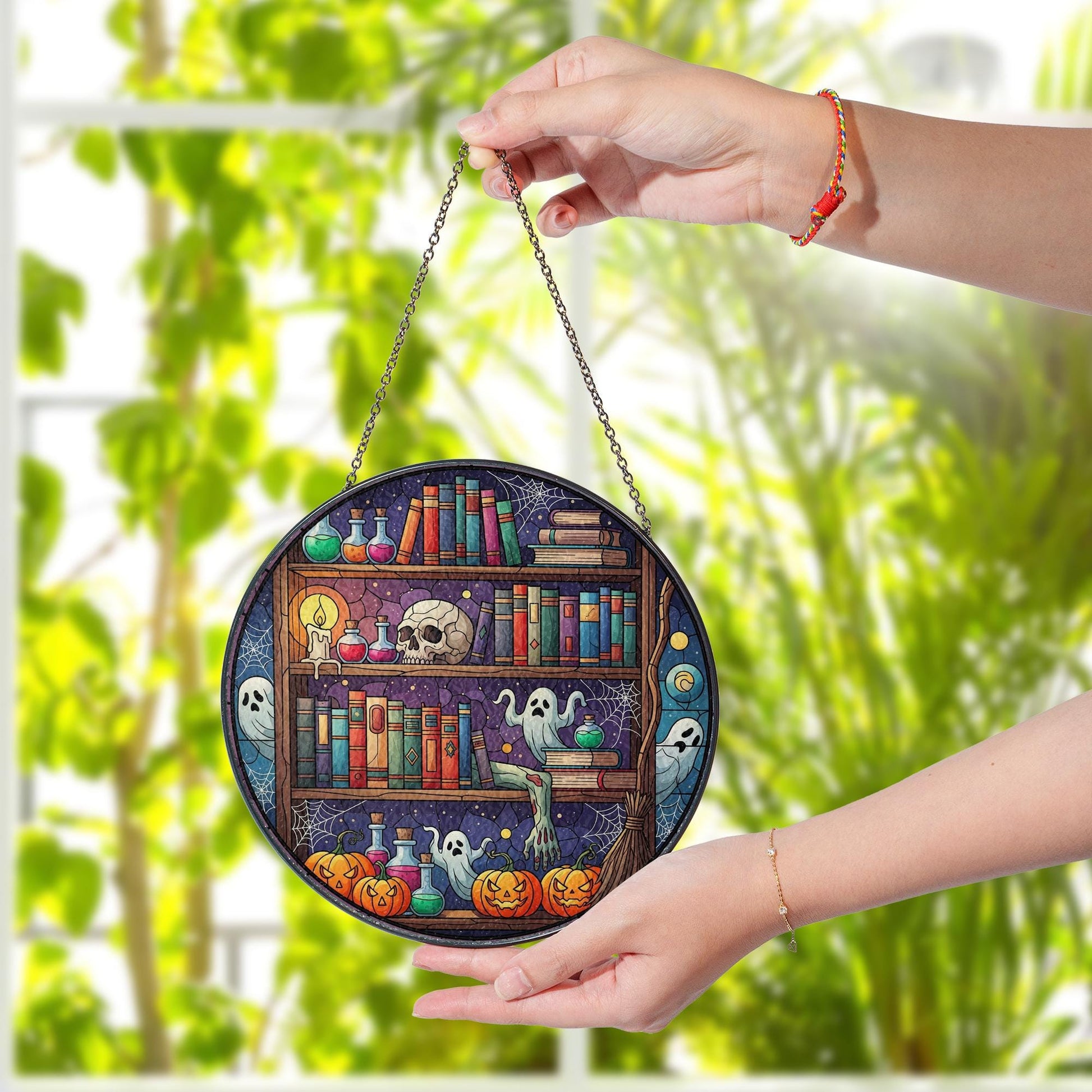 Halloween Bookshelf Faux Stained Glass Suncatcher – Ghost Potion Book Decor, Spooky Witchy Window Hanging, Gothic Fall Gift