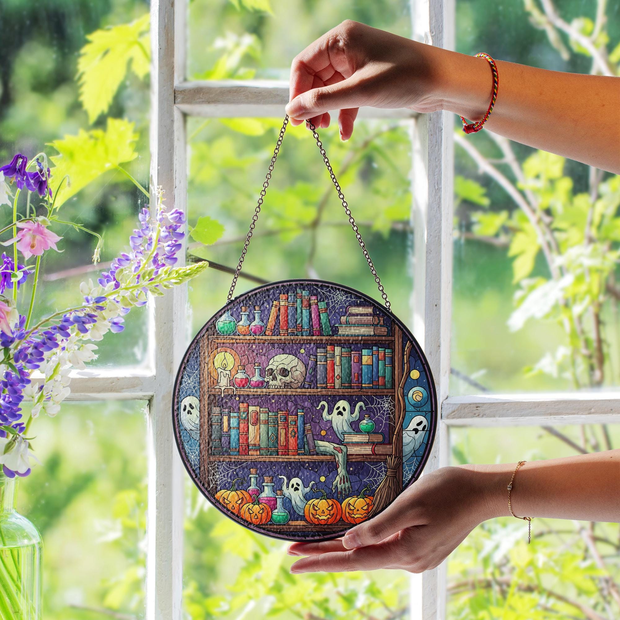 Halloween Bookshelf Faux Stained Glass Suncatcher – Ghost Potion Book Decor, Spooky Witchy Window Hanging, Gothic Fall Gift