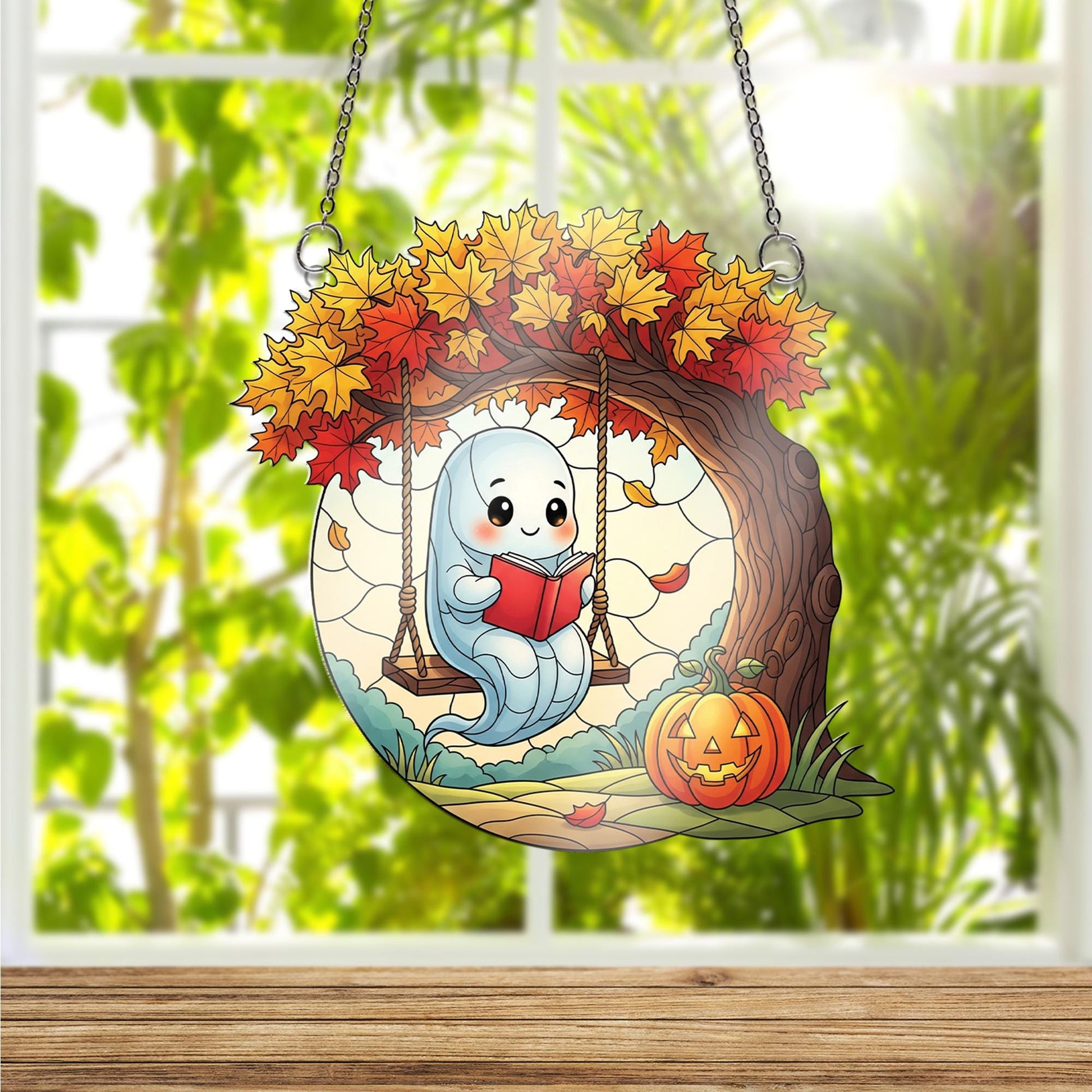 Adorable Ghost on Swing Ornament , Autumn Fall Decor, Halloween Window Hanging, Cozy Maple Tree Art