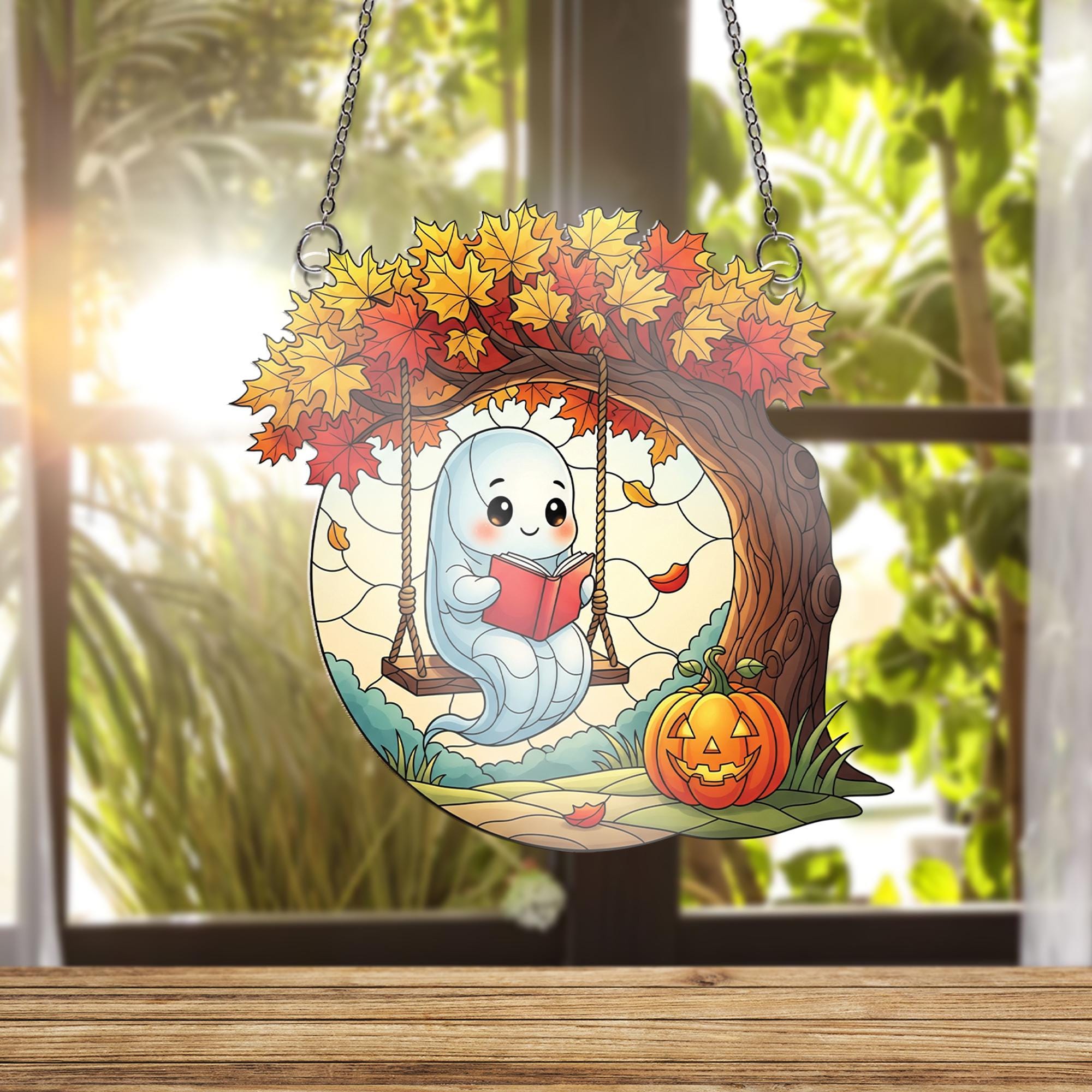 Adorable Ghost on Swing Ornament , Autumn Fall Decor, Halloween Window Hanging, Cozy Maple Tree Art