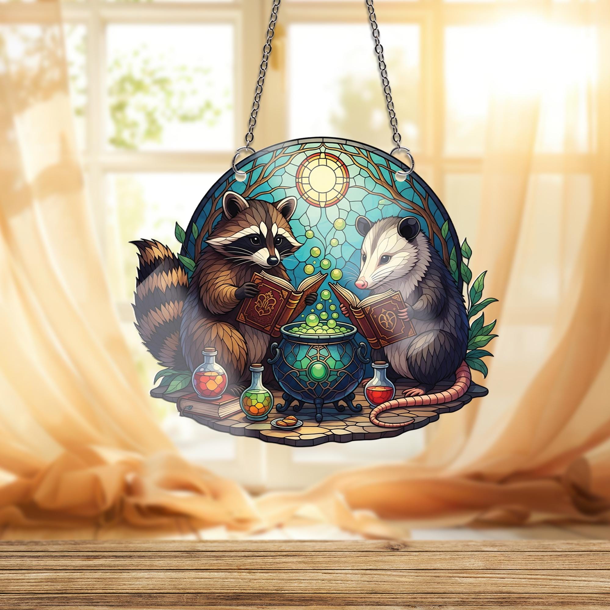 Raccoon & Opossum Witch Suncatcher – Faux Stained Glass Potion Window Hanging, Forest Animal Halloween Decor, Witchy Woodland Gift