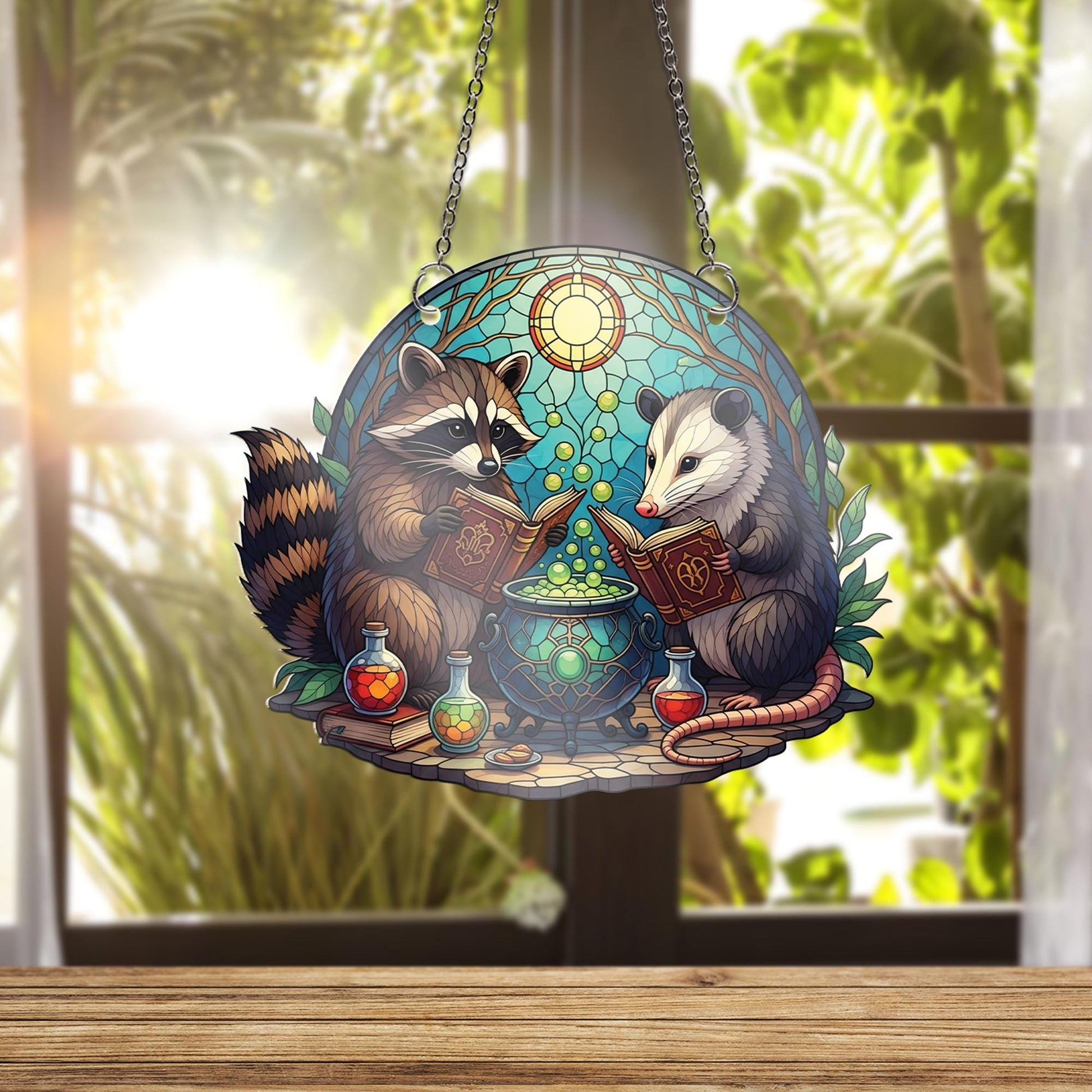 Raccoon & Opossum Witch Suncatcher – Faux Stained Glass Potion Window Hanging, Forest Animal Halloween Decor, Witchy Woodland Gift