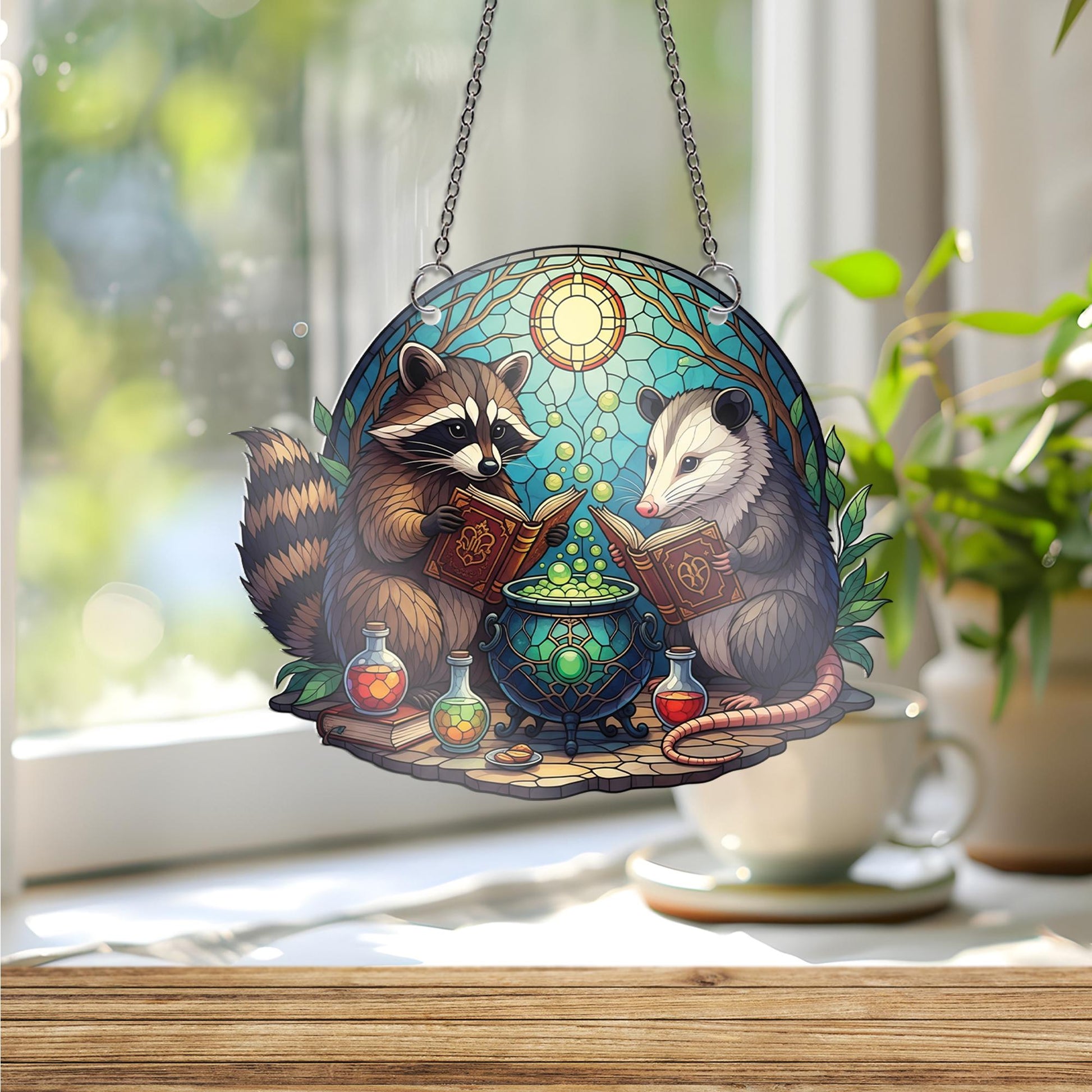 Raccoon & Opossum Witch Suncatcher – Faux Stained Glass Potion Window Hanging, Forest Animal Halloween Decor, Witchy Woodland Gift