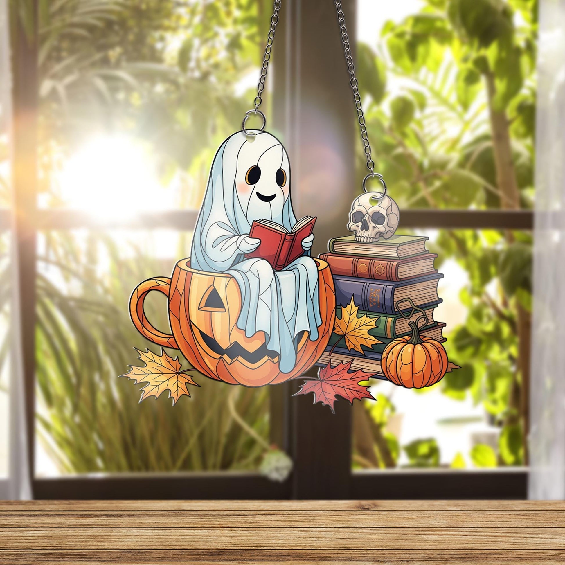 Adorable Ghost in Pumpkin Mug Suncatcher, Fall Books & Skull Decor, Halloween Window Art, Cozy Reading Gift
