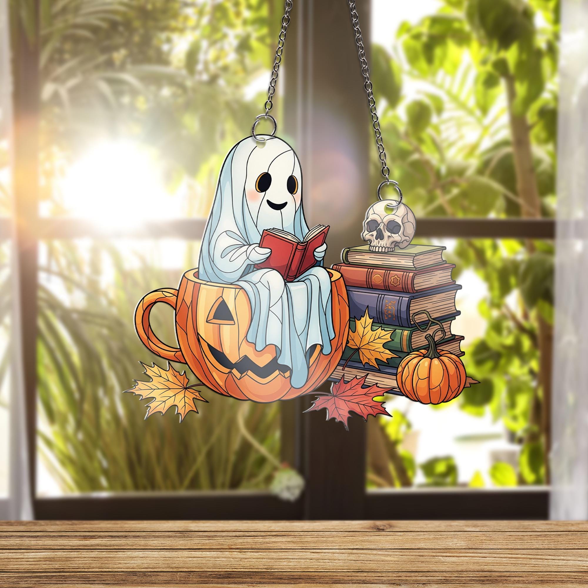 Adorable Ghost in Pumpkin Mug Suncatcher, Fall Books & Skull Decor, Halloween Window Art, Cozy Reading Gift