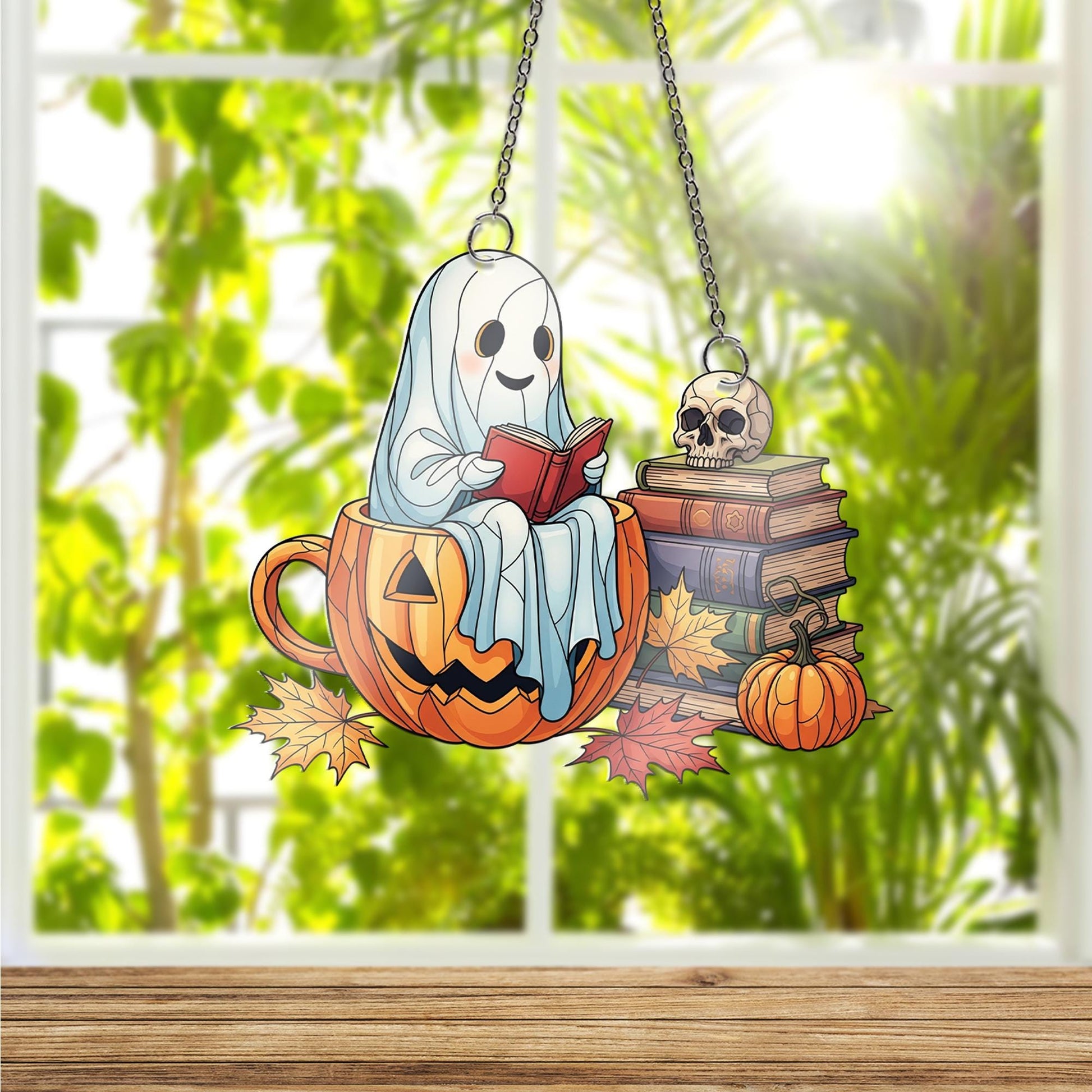 Adorable Ghost in Pumpkin Mug Suncatcher, Fall Books & Skull Decor, Halloween Window Art, Cozy Reading Gift