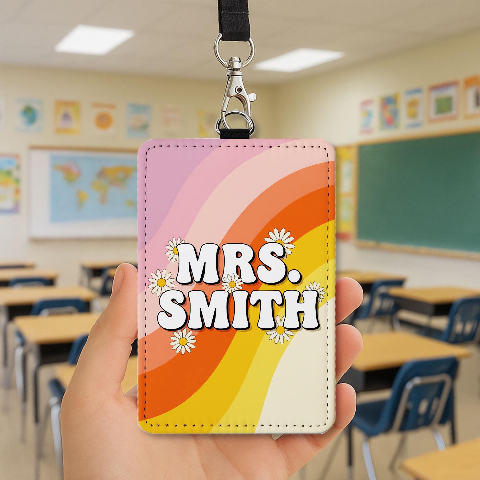 Personalized Teacher Badge Holder, Retro Rainbow Name Tag for Teachers, Custom Lanyard ID Card, Cute Groovy Teacher Gift