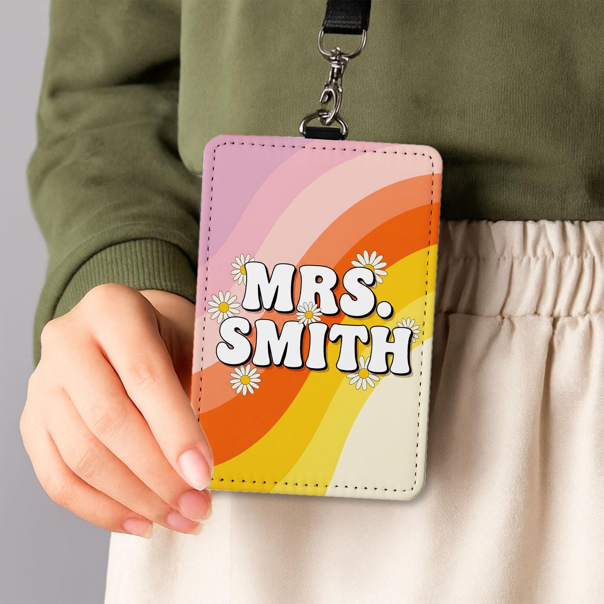 Personalized Teacher Badge Holder, Retro Rainbow Name Tag for Teachers, Custom Lanyard ID Card, Cute Groovy Teacher Gift