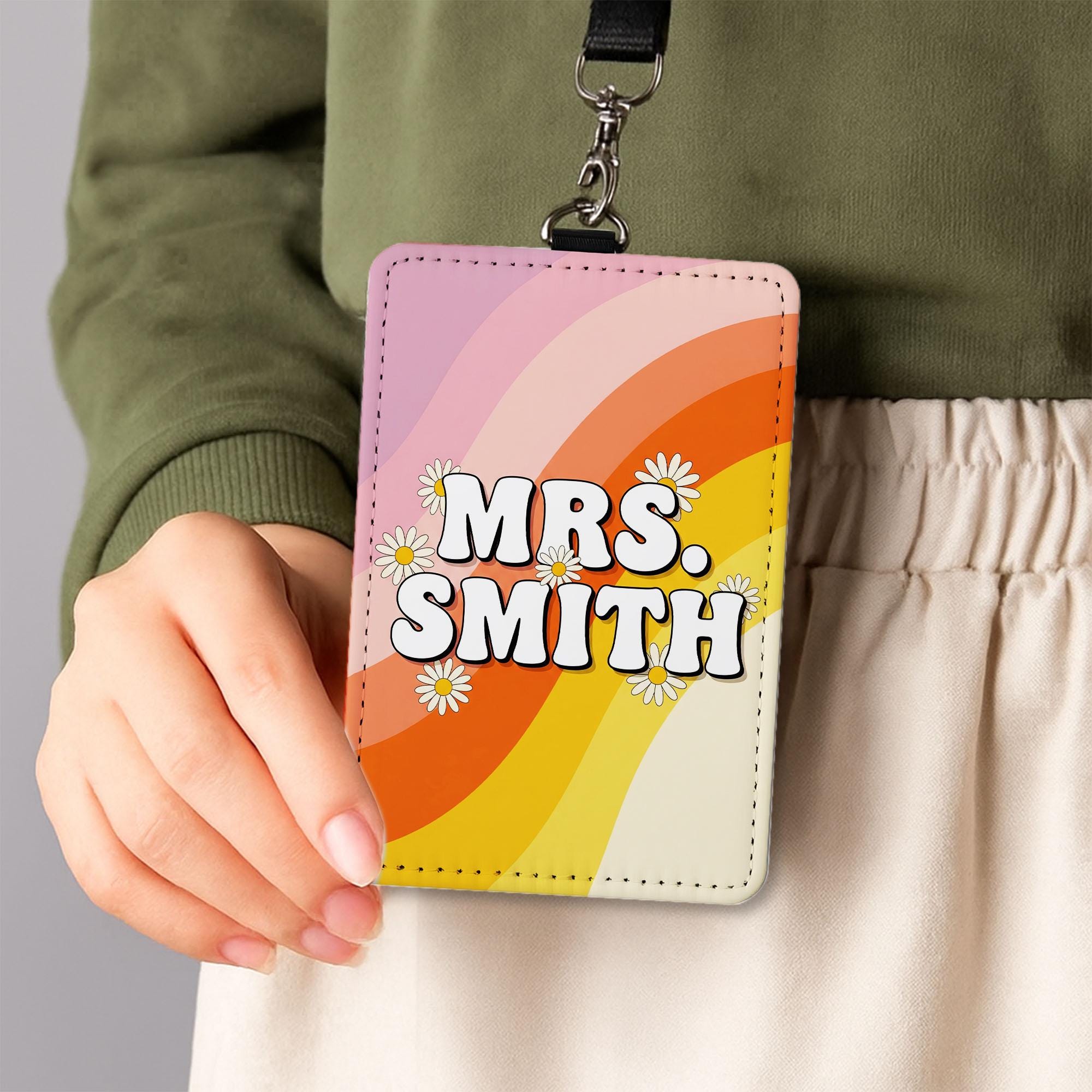 Personalized Teacher Badge Holder, Retro Rainbow Name Tag for Teachers, Custom Lanyard ID Card, Cute Groovy Teacher Gift