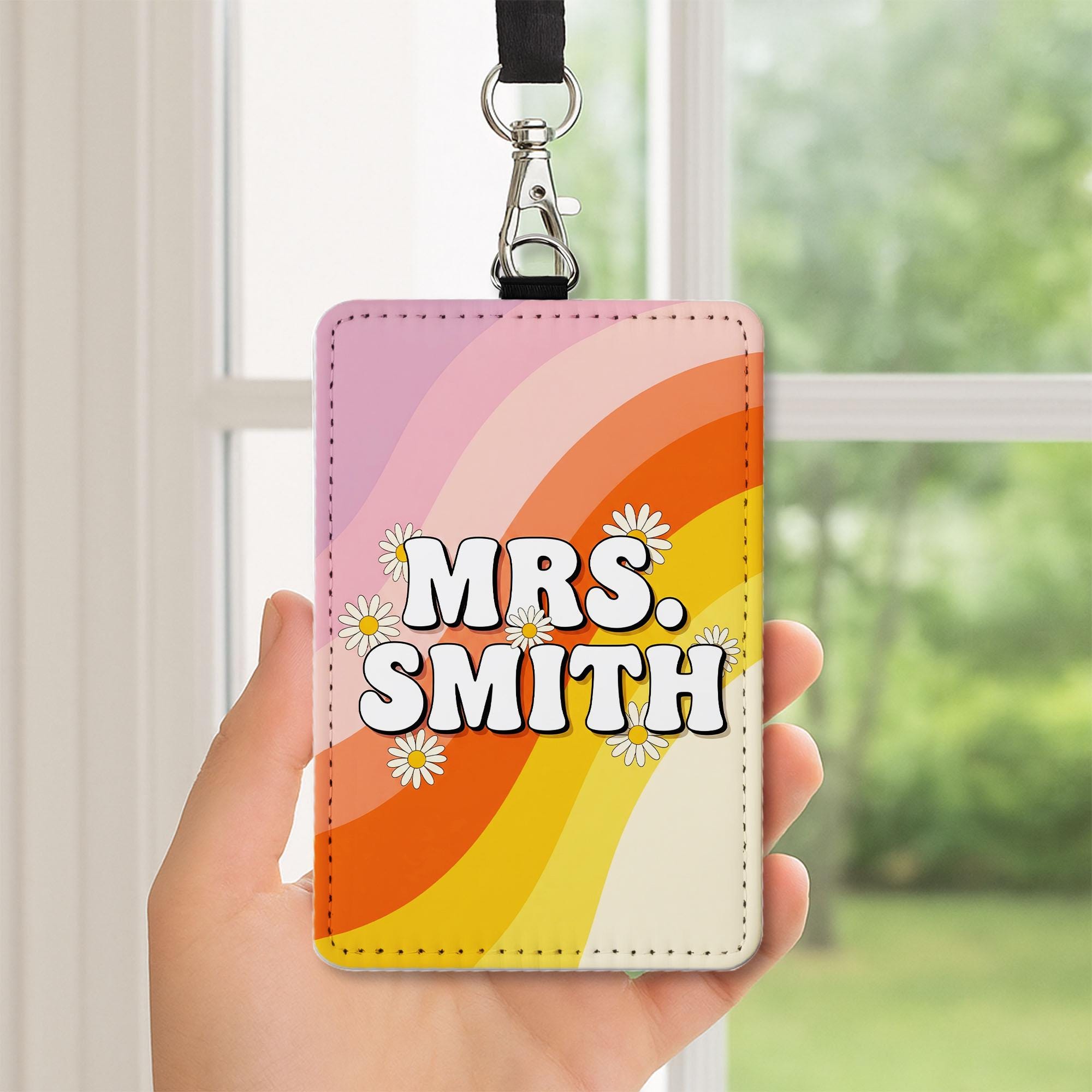 Personalized Teacher Badge Holder, Retro Rainbow Name Tag for Teachers, Custom Lanyard ID Card, Cute Groovy Teacher Gift