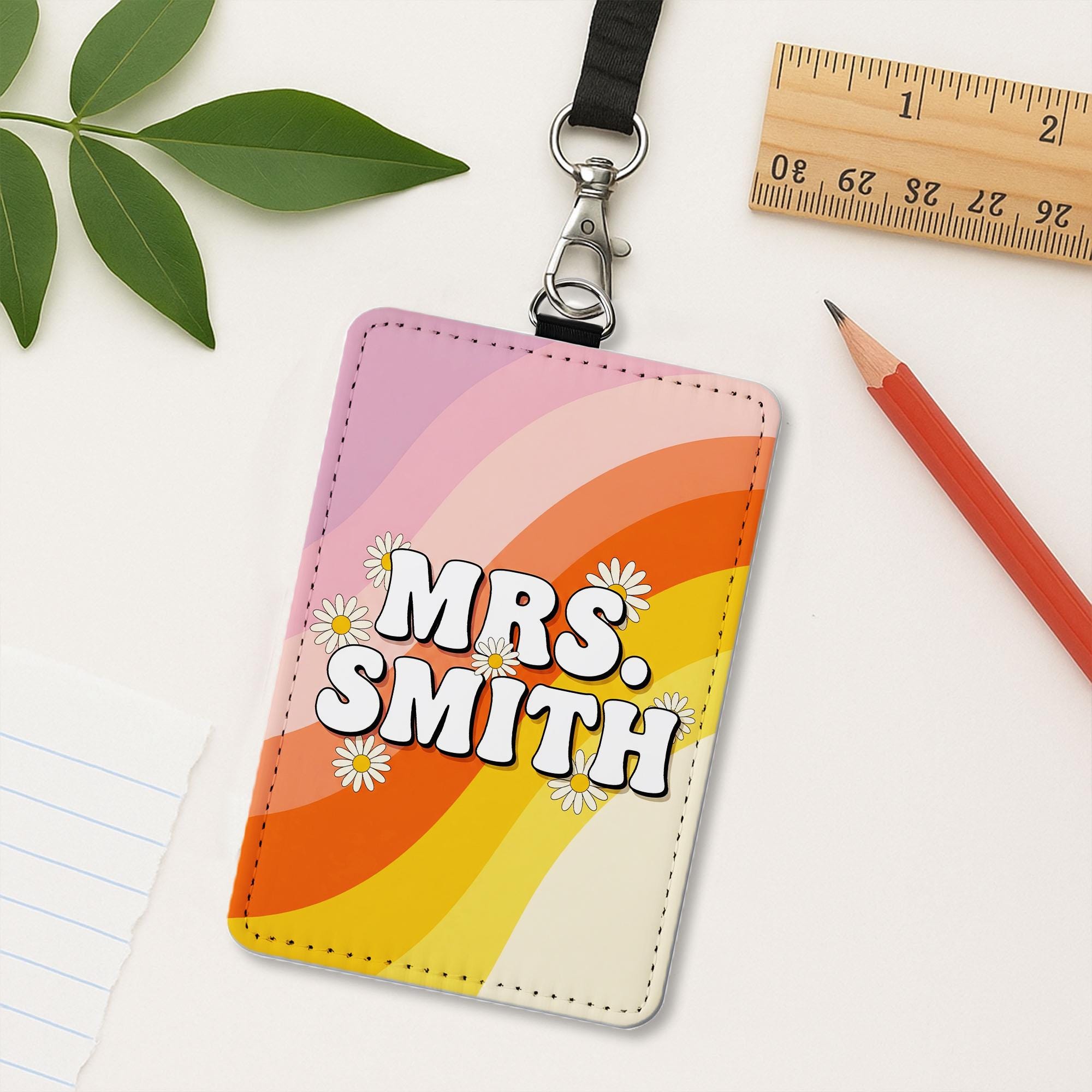 Personalized Teacher Badge Holder, Retro Rainbow Name Tag for Teachers, Custom Lanyard ID Card, Cute Groovy Teacher Gift