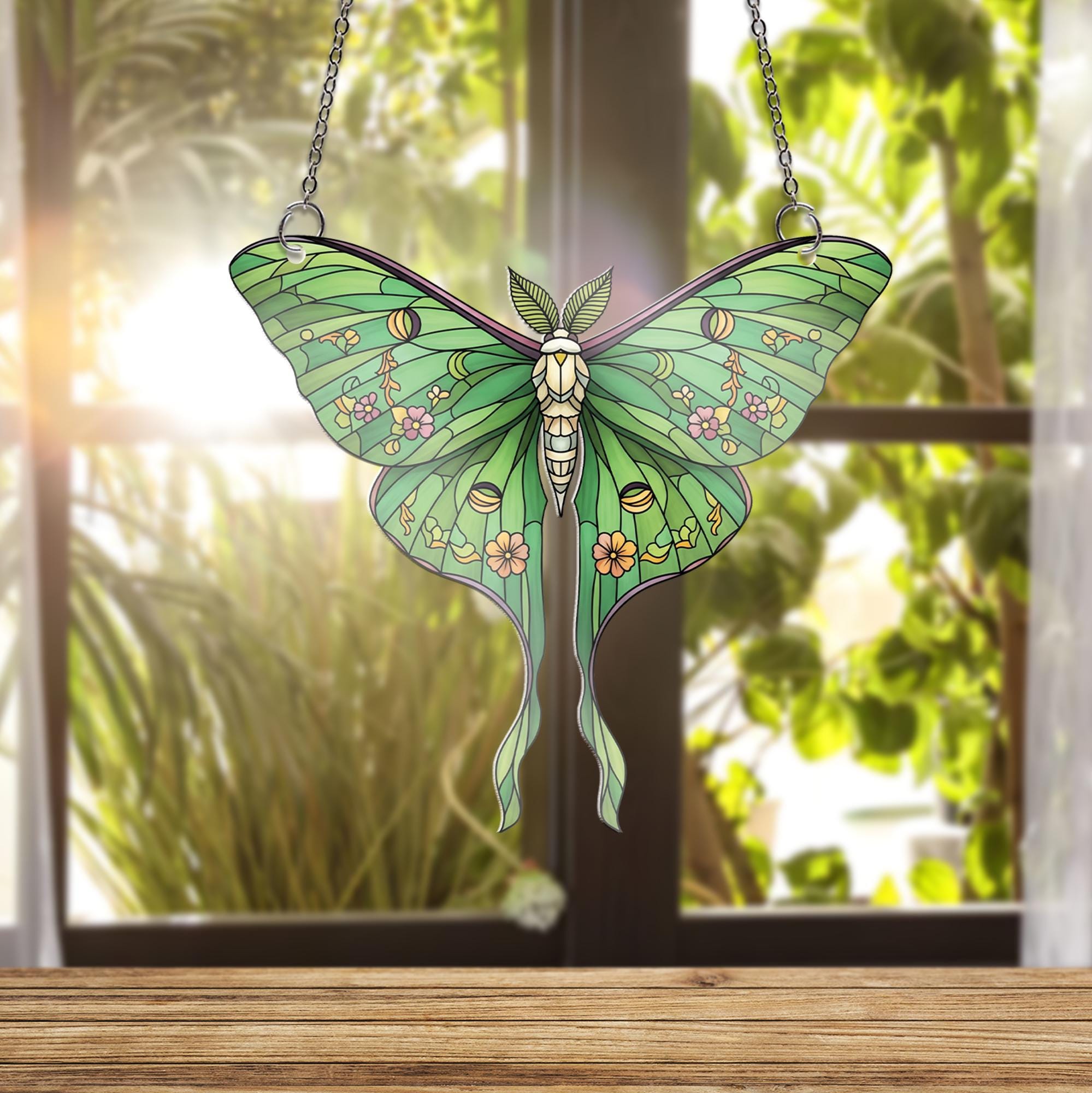 Floral Luna Moth Acrylic Window Hanging Green Moth Window Hanging, Botanical Boho Home Decor, Nature Lover Gift