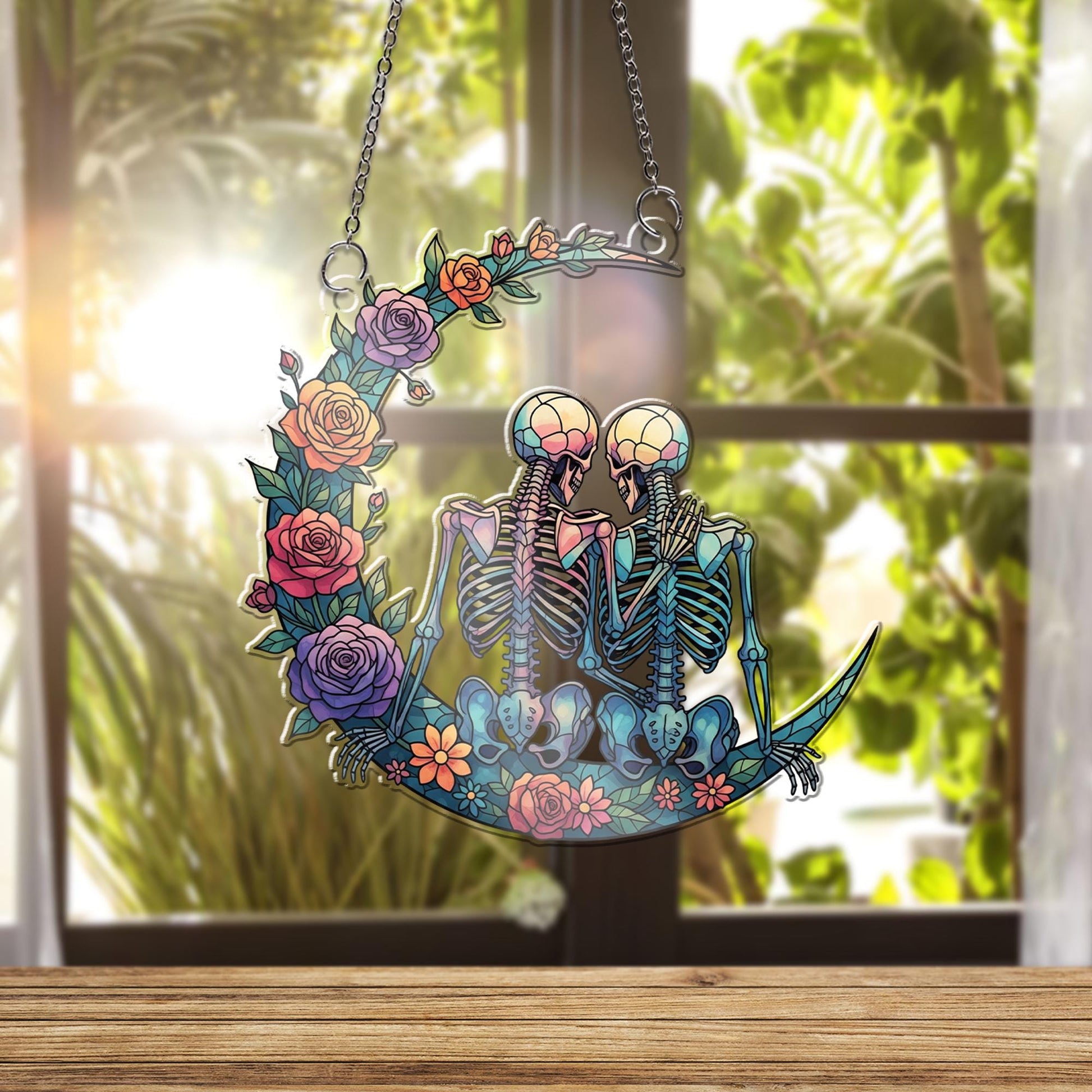Skeleton Couple Crescent Moon Suncatcher – Romantic Gothic Window Hanging, Floral Faux Glass Decor, Spooky Love Halloween Gift