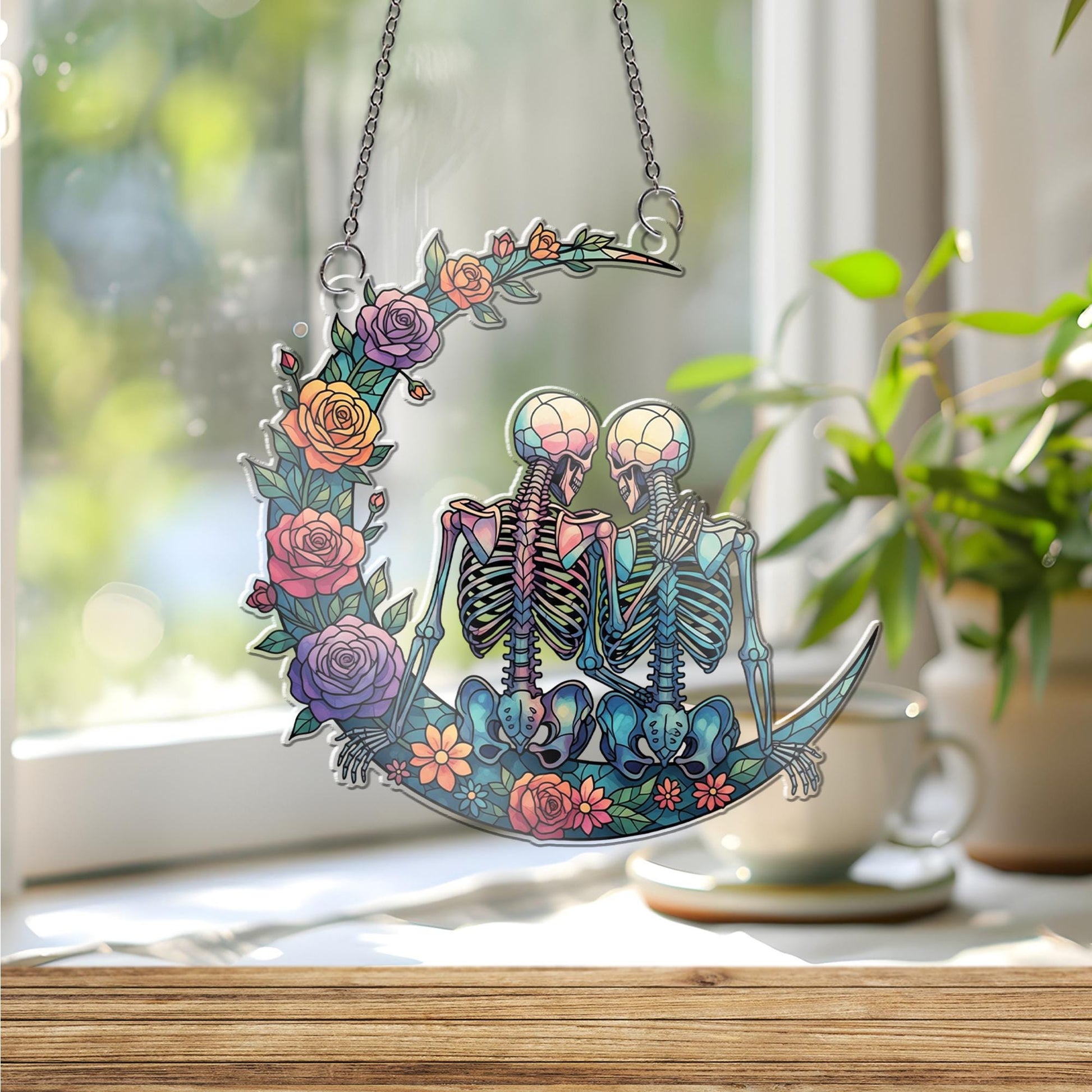 Skeleton Couple Crescent Moon Suncatcher – Romantic Gothic Window Hanging, Floral Faux Glass Decor, Spooky Love Halloween Gift