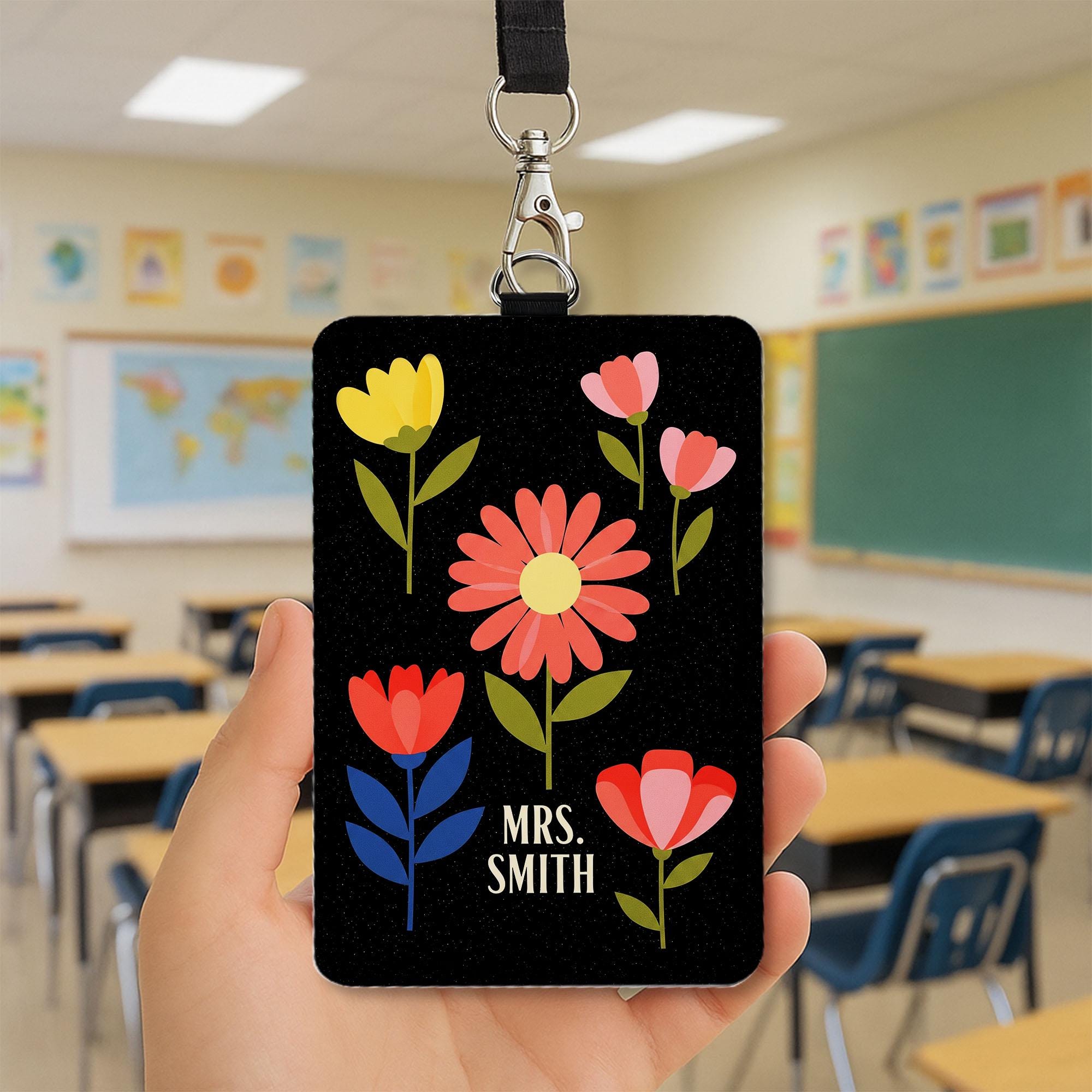 Personalized Teacher Badge Holder, Groovy Floral Custom ID Tag for Teachers, Cute Lanyard Name Badge, Teacher Gift ,for Educators
