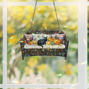 Black Cat Pumpkin Couch Suncatcher – Holographic Glass Ornament, Cozy Autumn Window Hanging, Fall Decor, Halloween Gift Idea