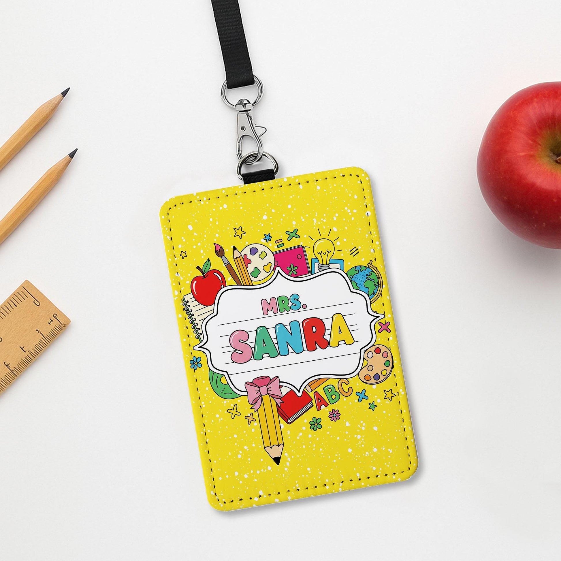 Teacher ID Badge Holder, Custom Name Tag for Teachers, Cute School Lanyard, Back to School Gift, Classroom Accessories, Yellow ID Tag