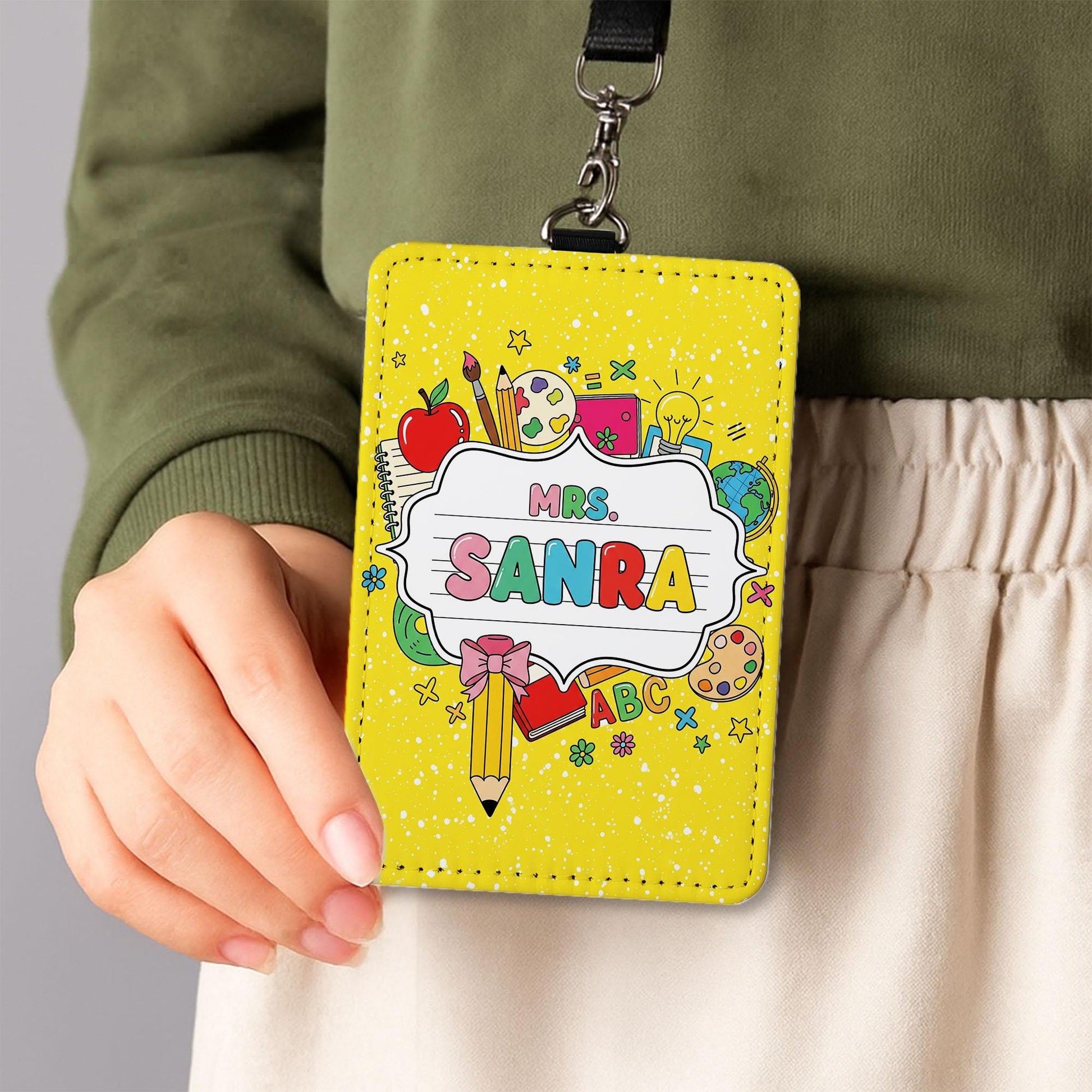 Teacher ID Badge Holder, Custom Name Tag for Teachers, Cute School Lanyard, Back to School Gift, Classroom Accessories, Yellow ID Tag