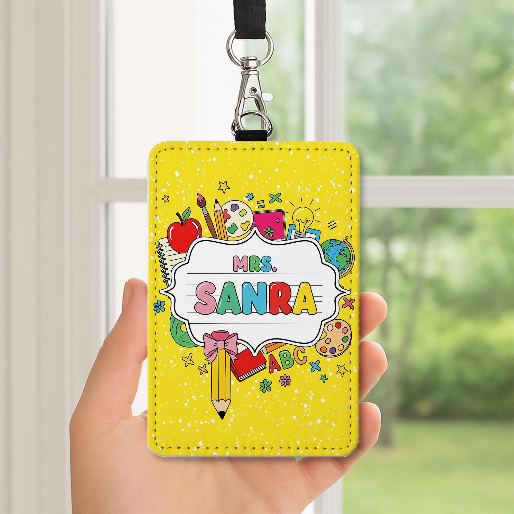 Teacher ID Badge Holder, Custom Name Tag for Teachers, Cute School Lanyard, Back to School Gift, Classroom Accessories, Yellow ID Tag