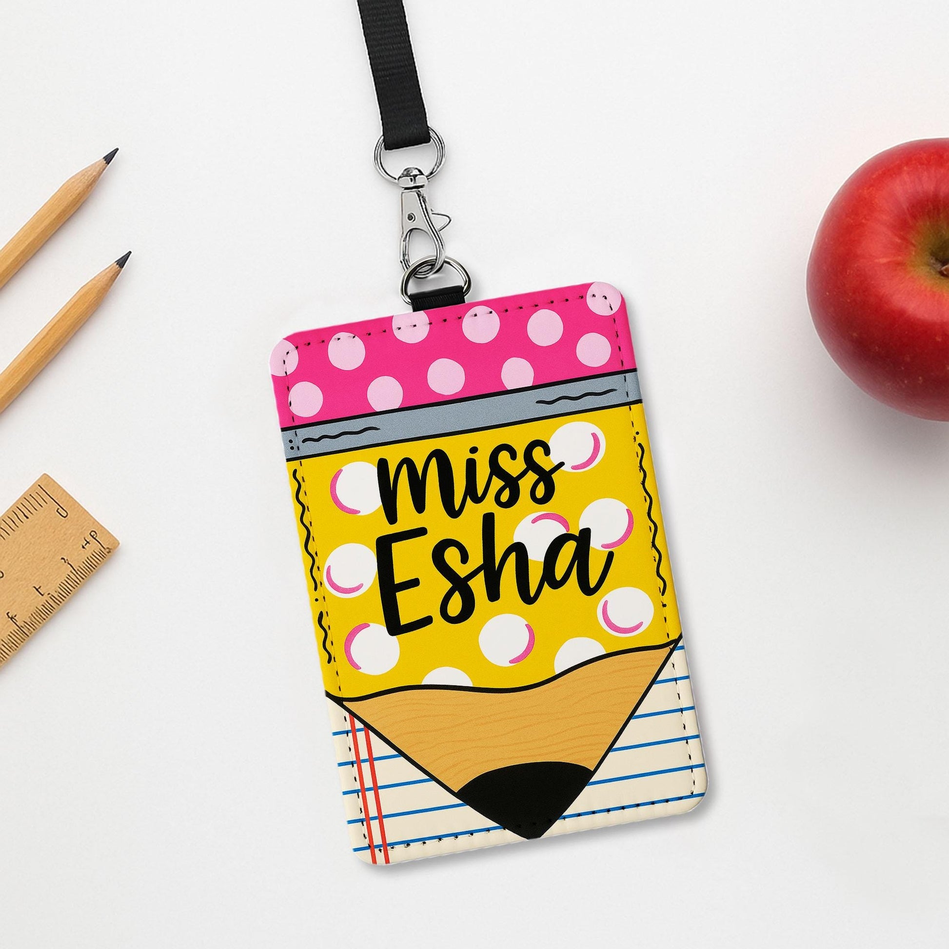 Pencil Teacher Badge Holder, Custom Name ID Tag, Cute Lanyard for Women, Back to School Gift, Miss Esha Name Tag, Teacher Accessory