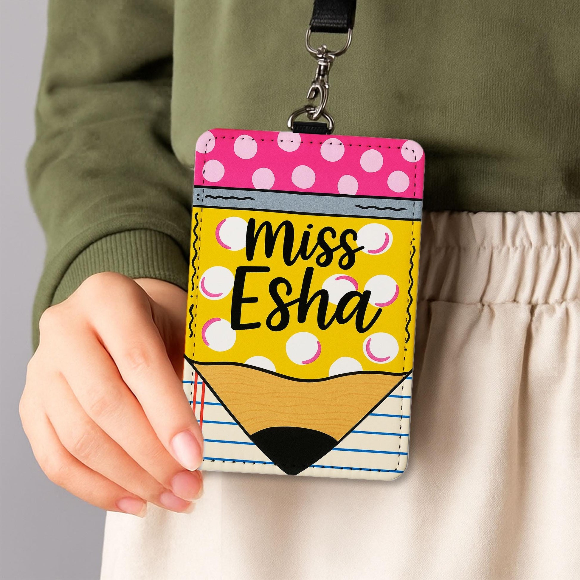 Pencil Teacher Badge Holder, Custom Name ID Tag, Cute Lanyard for Women, Back to School Gift, Miss Esha Name Tag, Teacher Accessory