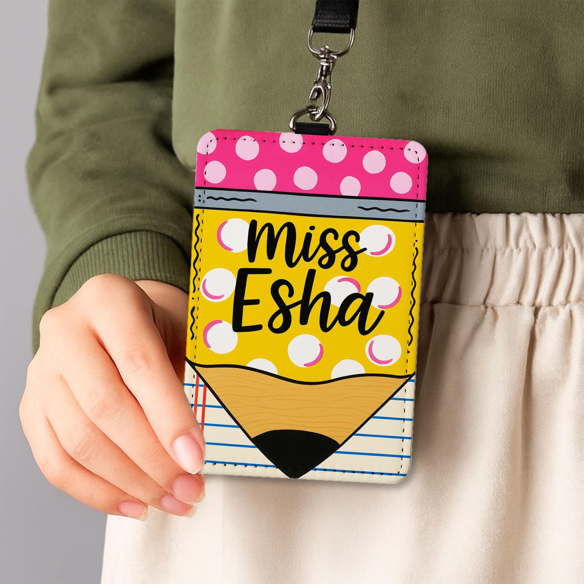 Pencil Teacher Badge Holder, Custom Name ID Tag, Cute Lanyard for Women, Back to School Gift, Miss Esha Name Tag, Teacher Accessory