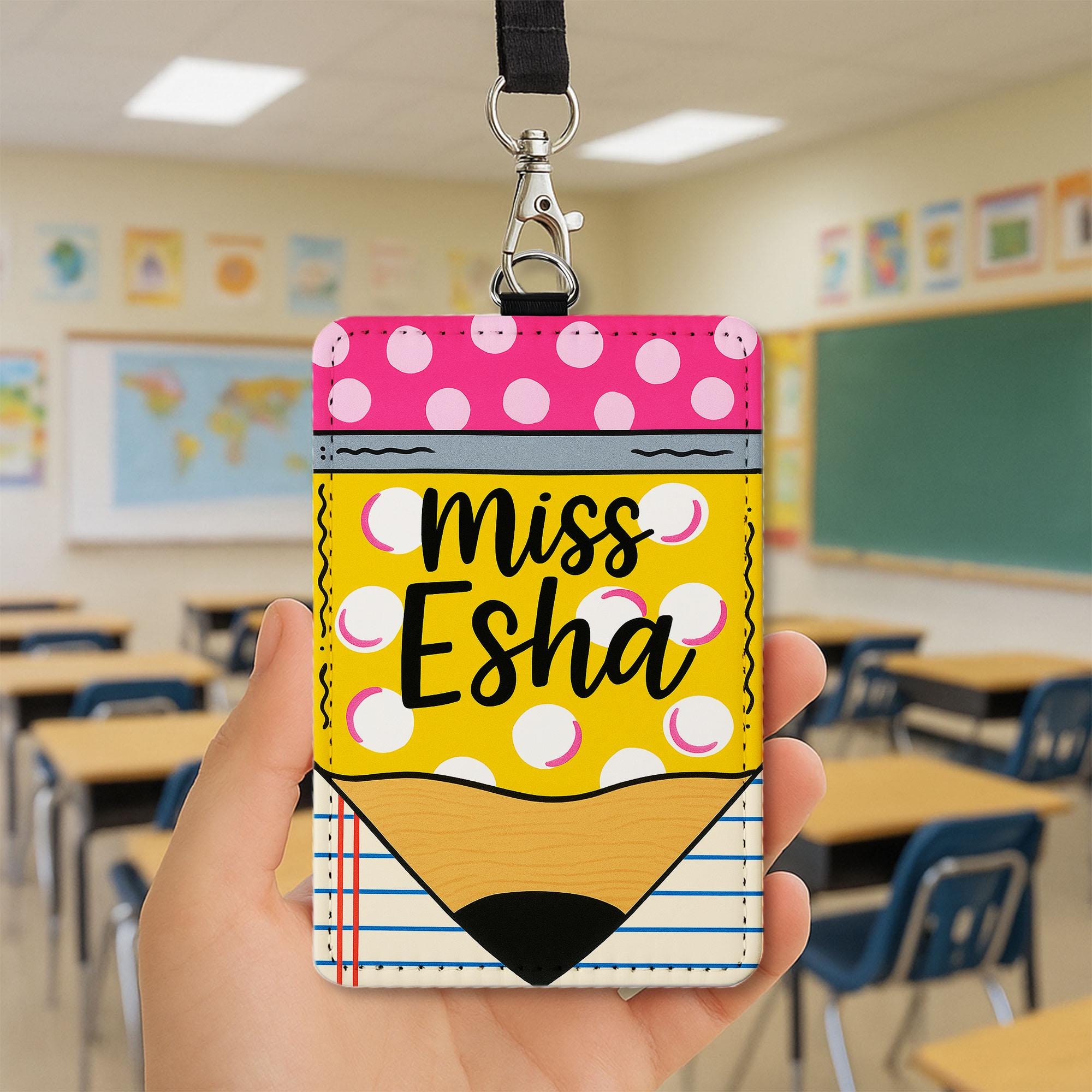 Pencil Teacher Badge Holder, Custom Name ID Tag, Cute Lanyard for Women, Back to School Gift, Miss Esha Name Tag, Teacher Accessory