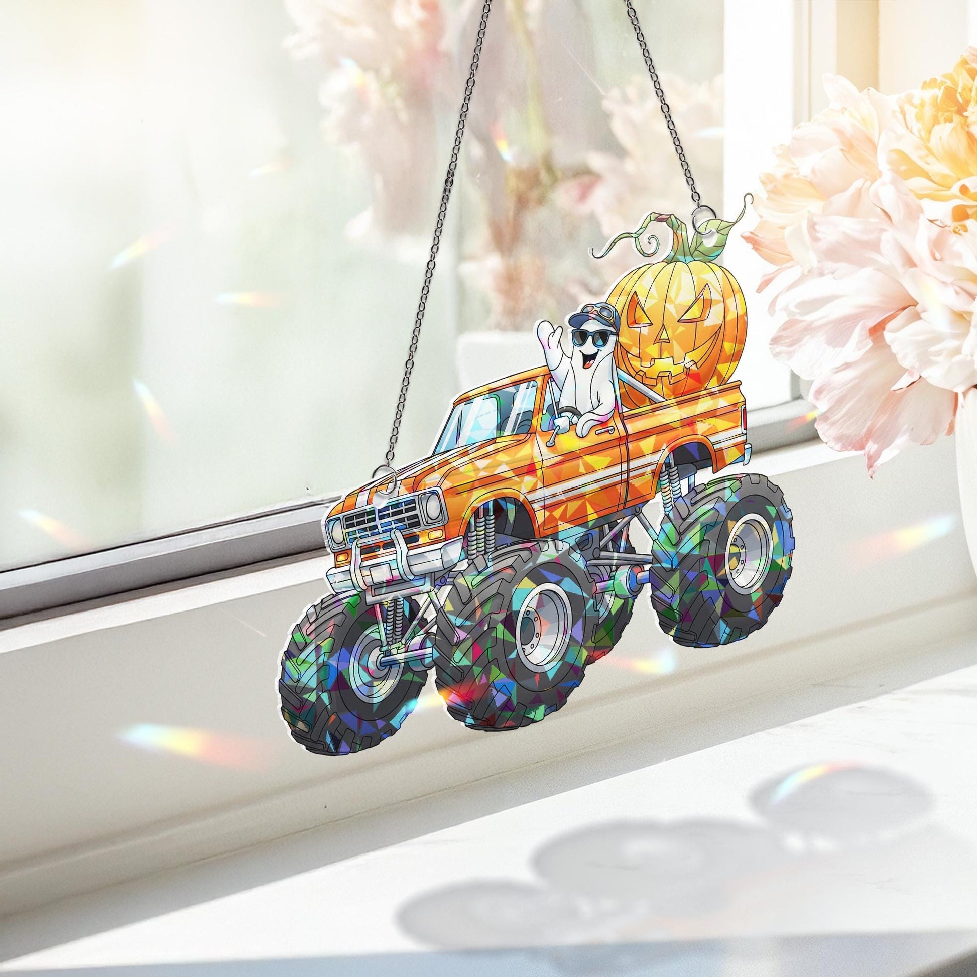 Monster Truck Halloween Suncatcher, Ghost & Pumpkin Decor, Spooky Vehicle Art, Unique Trick or Treat Accent
