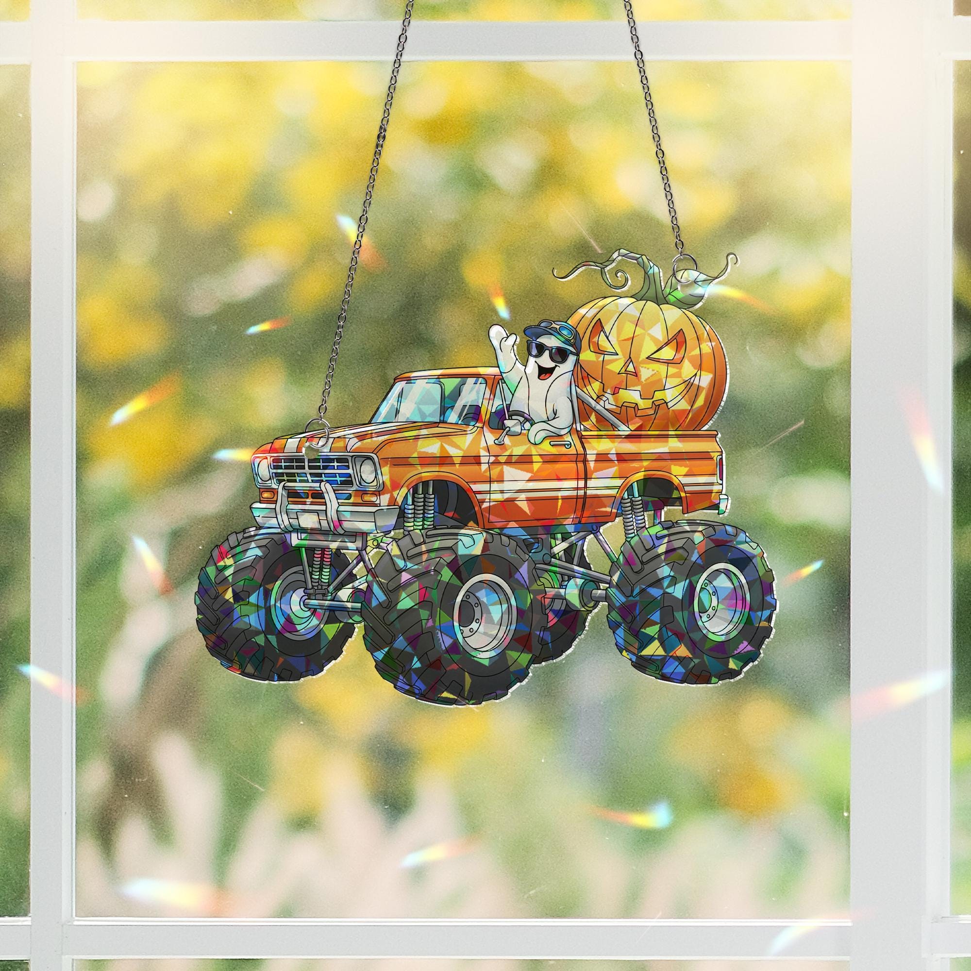 Monster Truck Halloween Suncatcher, Ghost & Pumpkin Decor, Spooky Vehicle Art, Unique Trick or Treat Accent