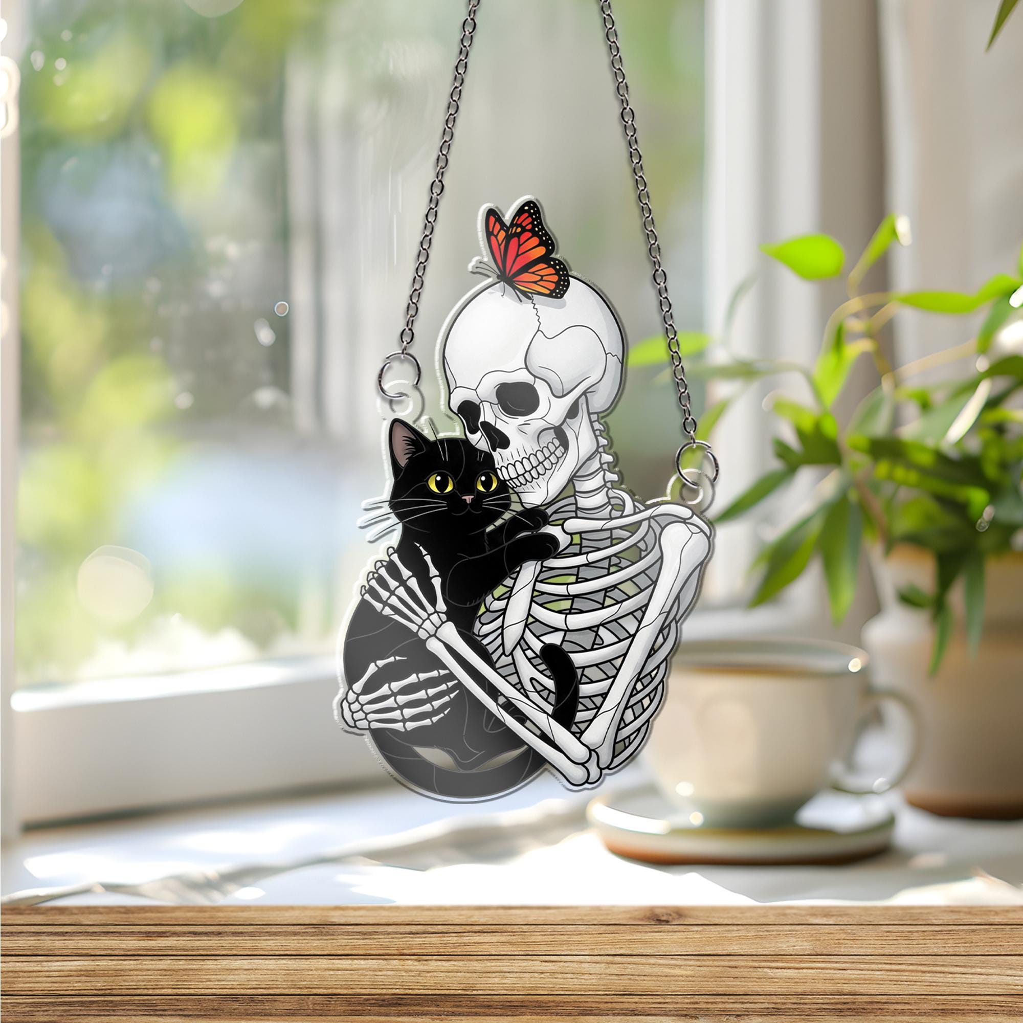 Skeleton and Black Cat Window Hanging – Halloween Suncatcher, Gothic Decor, Butterfly Accent, Spooky Cute Gift for Cat Lovers
