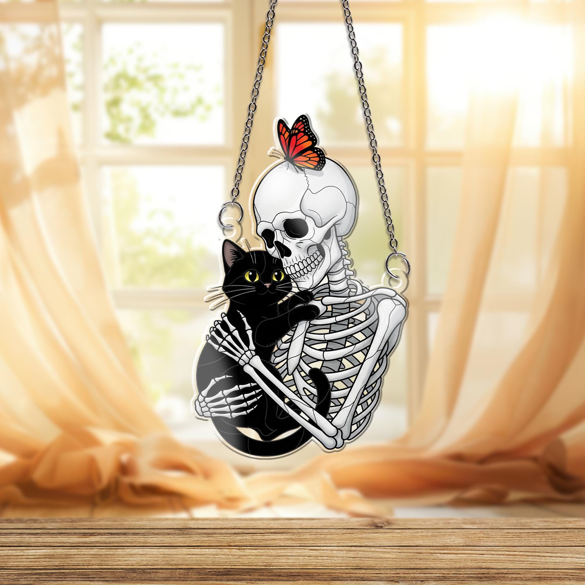 Skeleton and Black Cat Window Hanging – Halloween Suncatcher, Gothic Decor, Butterfly Accent, Spooky Cute Gift for Cat Lovers