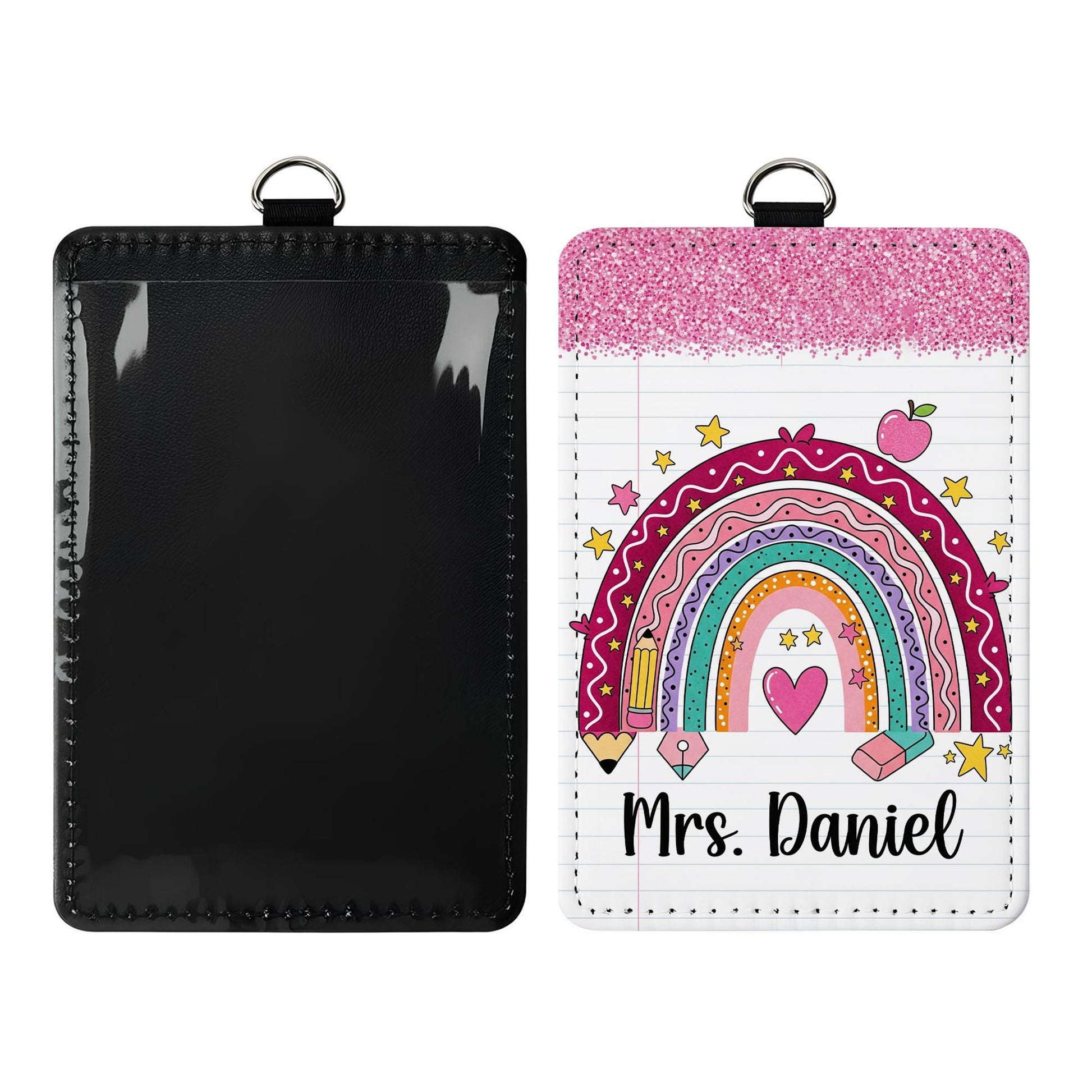 Rainbow Teacher Badge Holder, Personalized ID Tag with Faux Glitter, Custom Name Lanyard, Cute Back to School Gift, Teacher Gift  Badge
