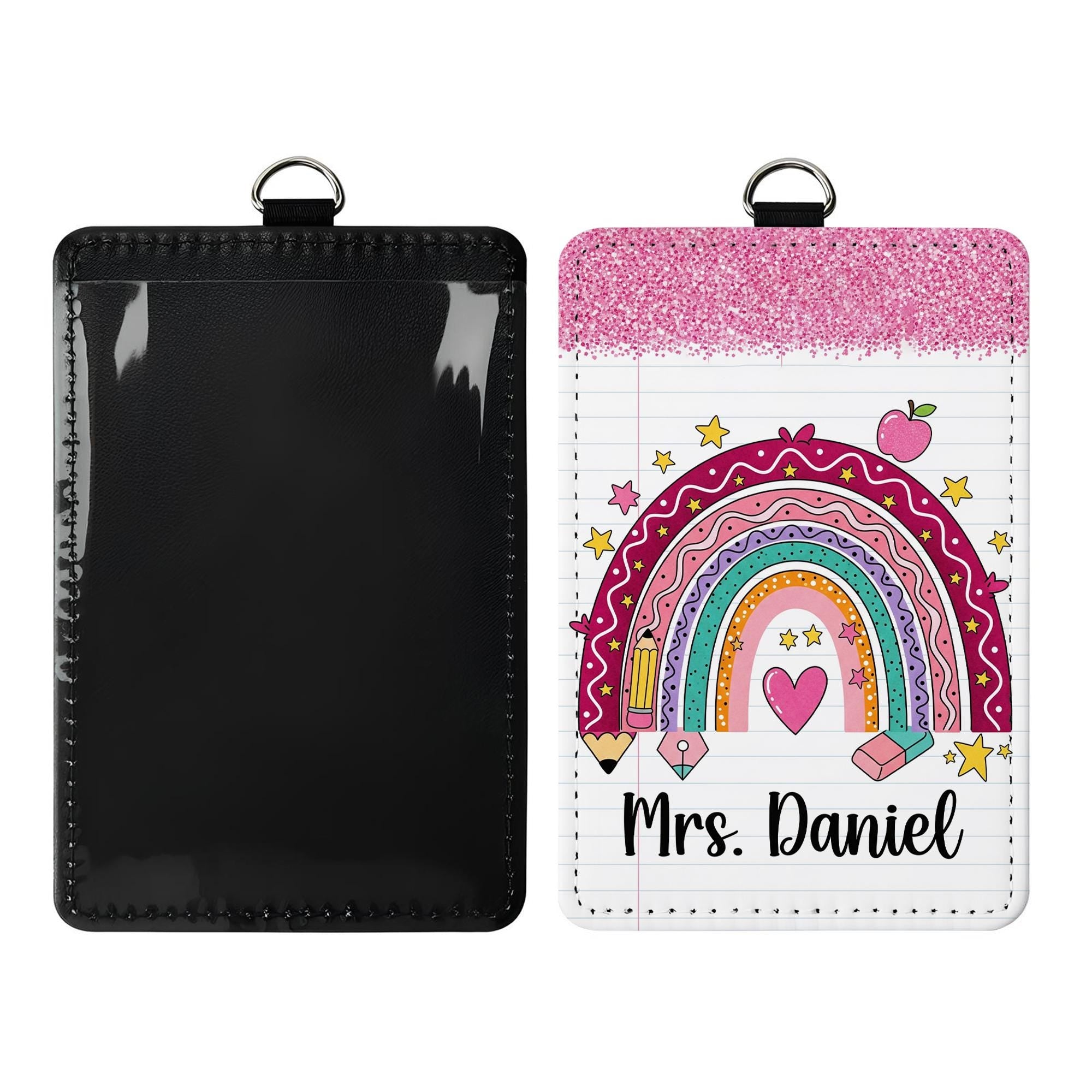 Rainbow Teacher Badge Holder, Personalized ID Tag with Faux Glitter, Custom Name Lanyard, Cute Back to School Gift, Teacher Gift  Badge