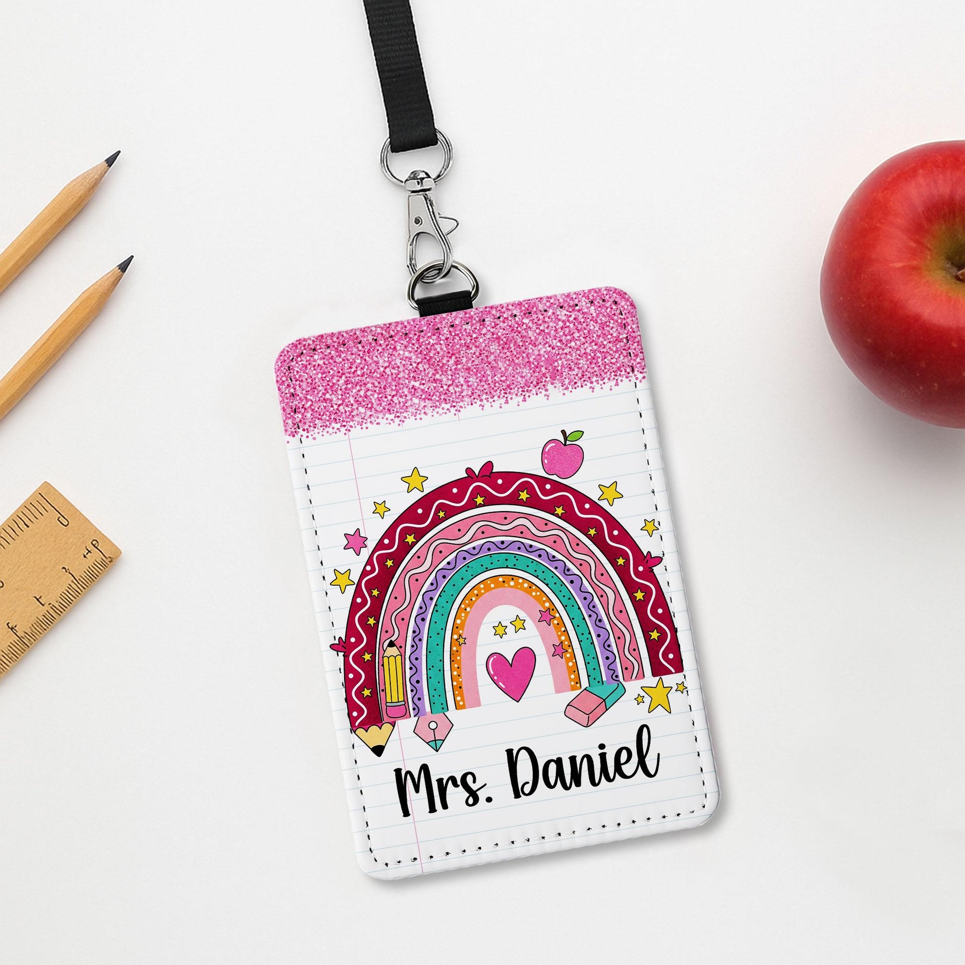 Rainbow Teacher Badge Holder, Personalized ID Tag with Faux Glitter, Custom Name Lanyard, Cute Back to School Gift, Teacher Gift  Badge