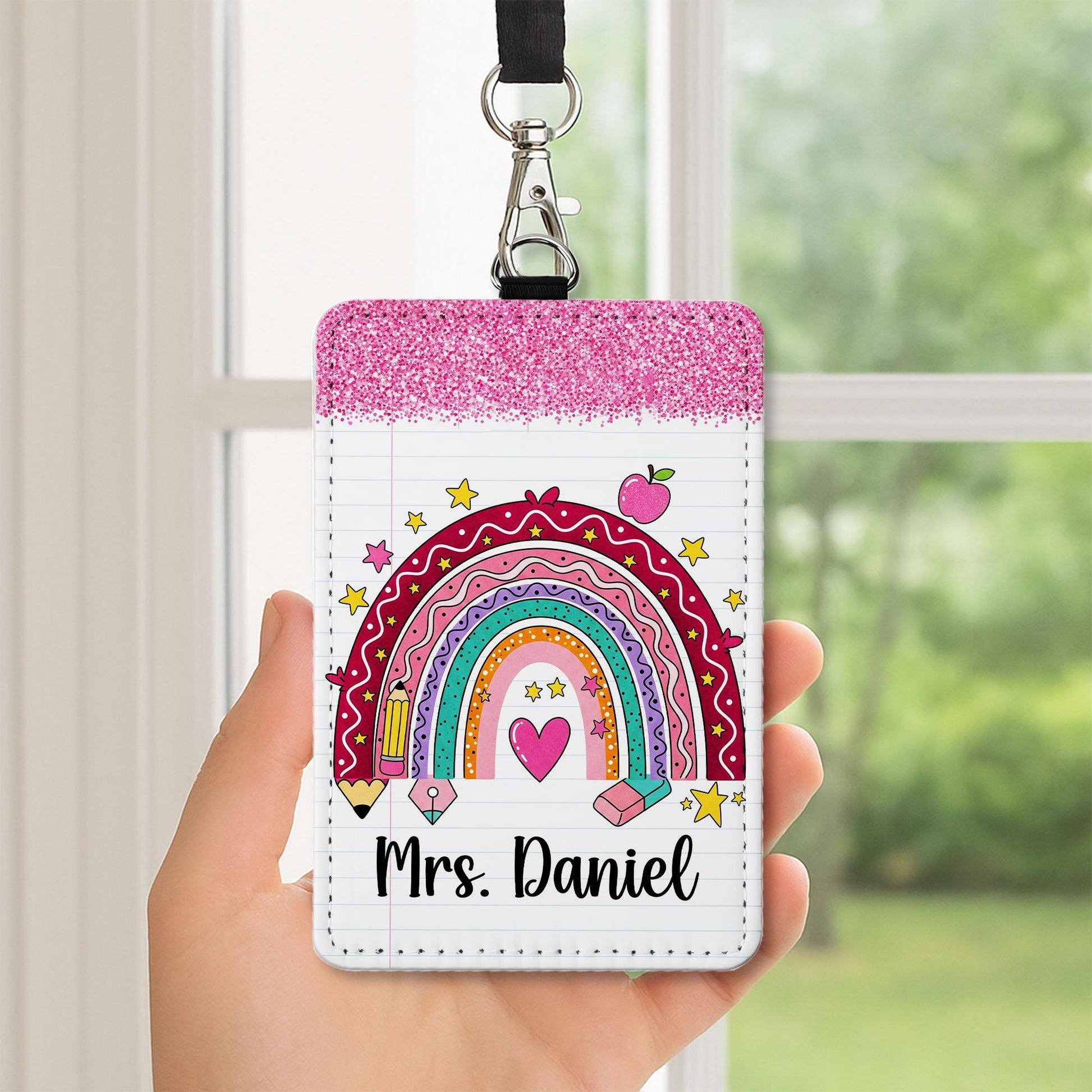 Rainbow Teacher Badge Holder, Personalized ID Tag with Faux Glitter, Custom Name Lanyard, Cute Back to School Gift, Teacher Gift  Badge