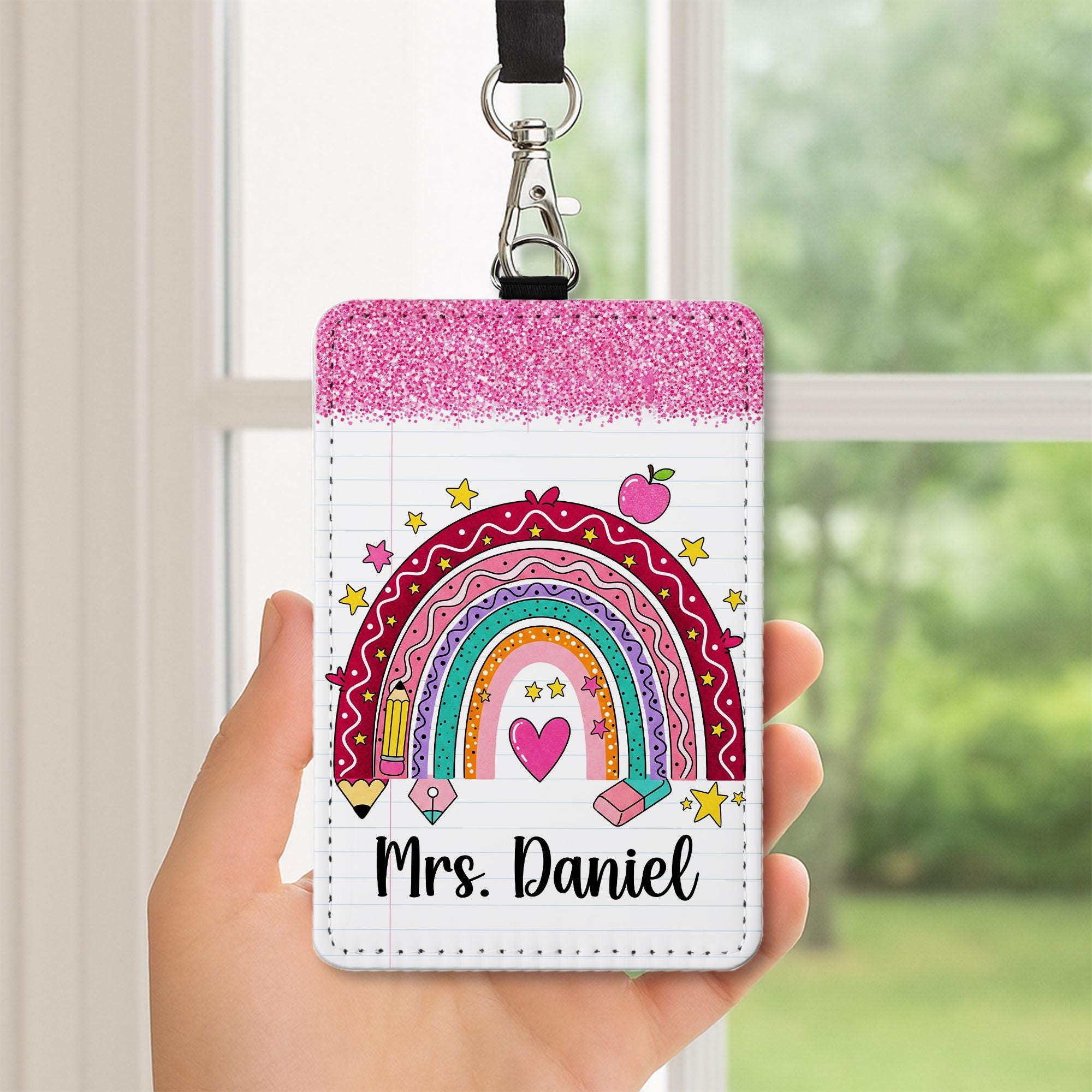 Rainbow Teacher Badge Holder, Personalized ID Tag with Faux Glitter, Custom Name Lanyard, Cute Back to School Gift, Teacher Gift  Badge