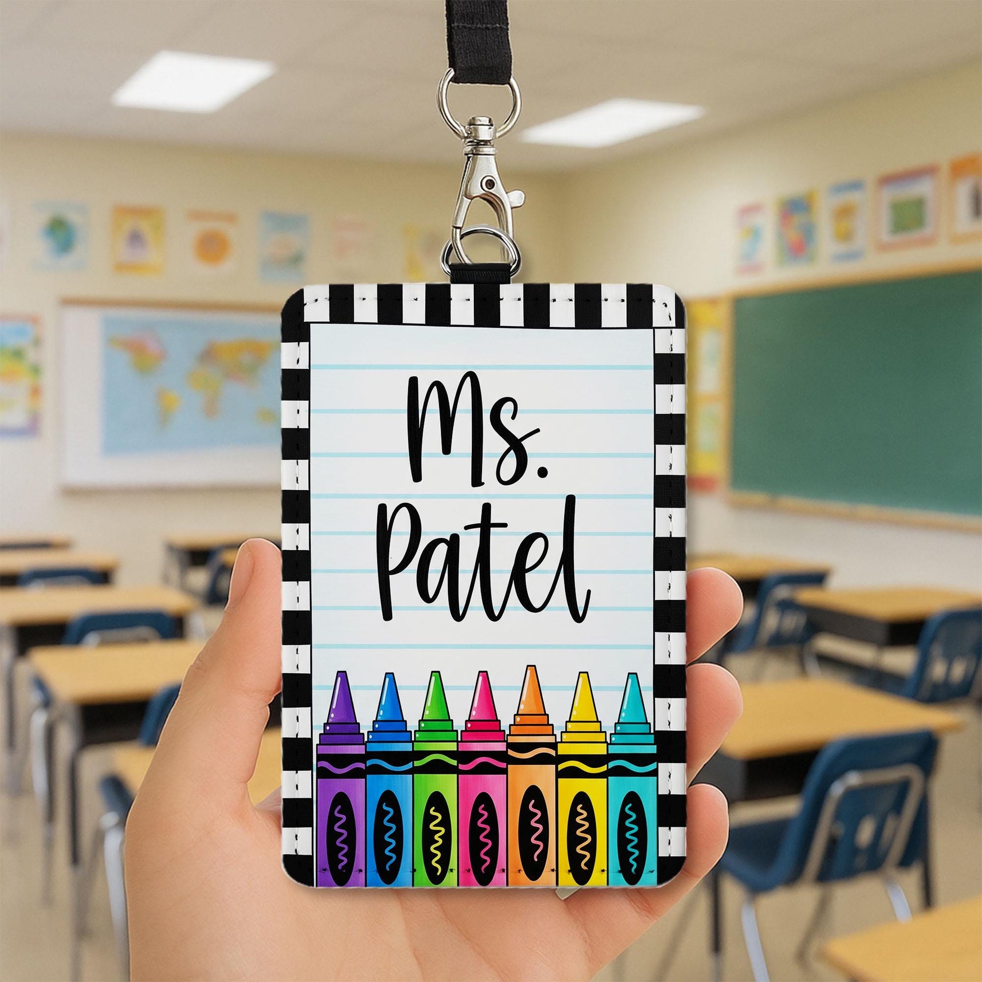 Personalized Teacher Badge Holder, Custom Crayon Lanyard ID Tag, Cute Name Tag for School, Custom Teacher Gift, Teacher Accessories