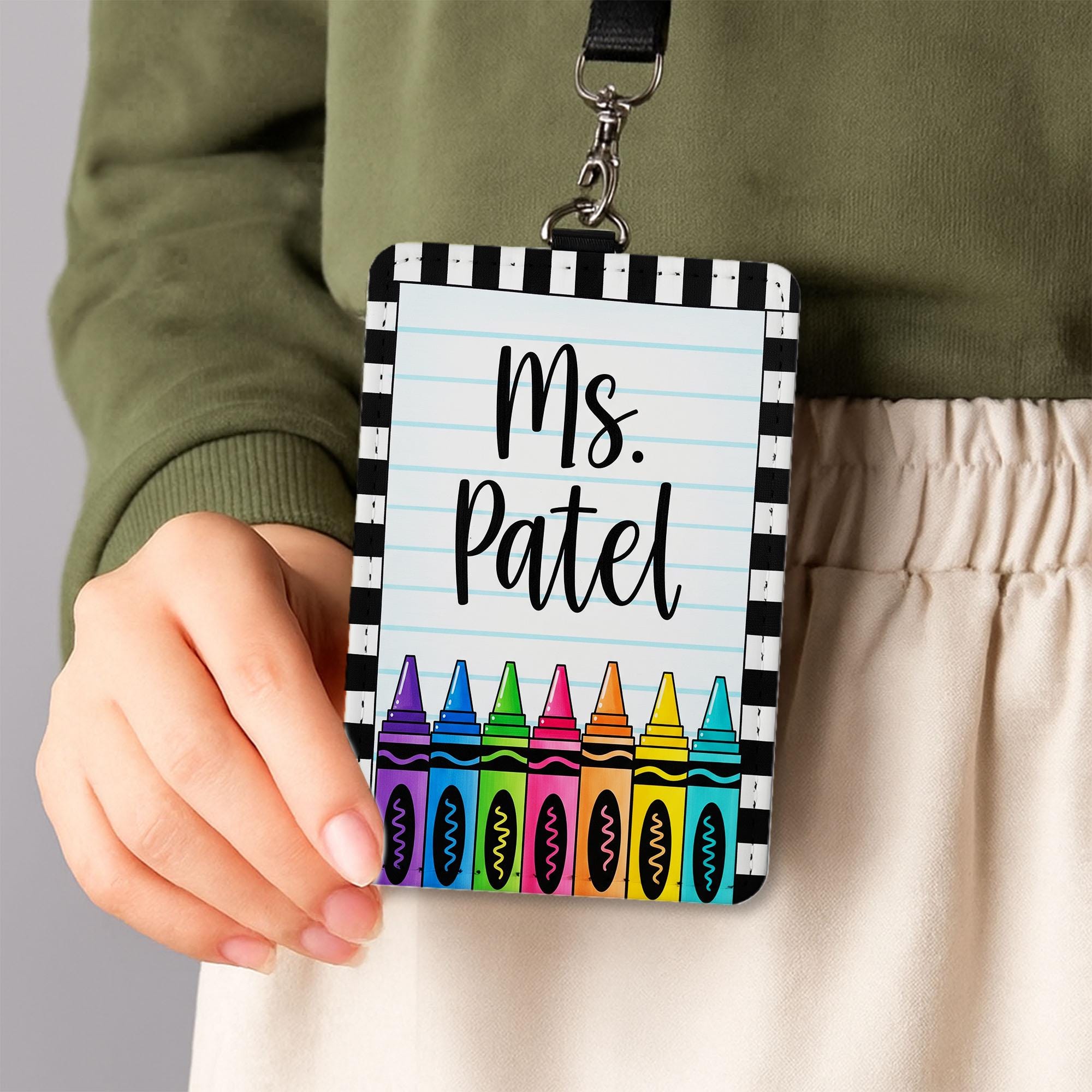 Personalized Teacher Badge Holder, Custom Crayon Lanyard ID Tag, Cute Name Tag for School, Custom Teacher Gift, Teacher Accessories