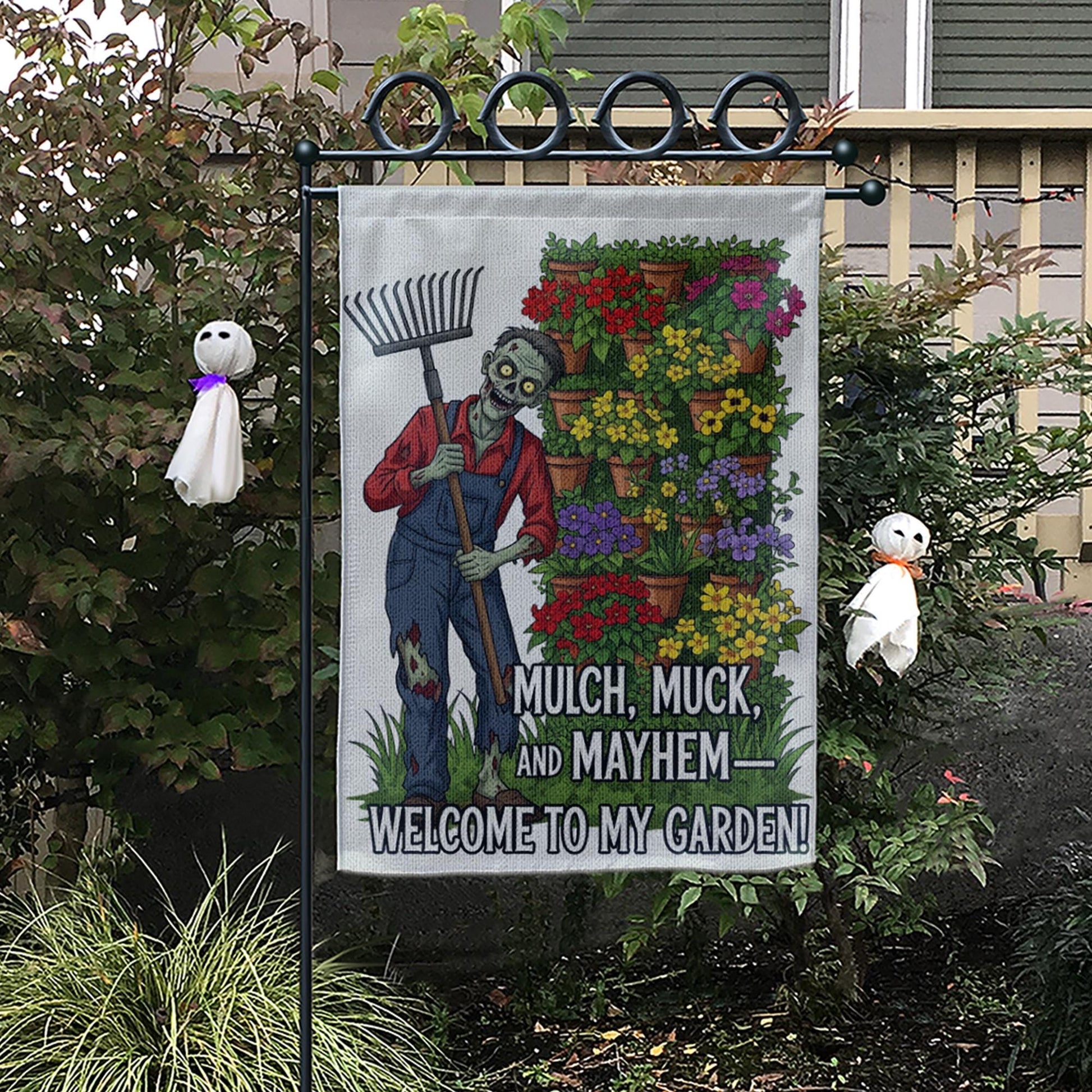 Zombie Garden Flag – Mulch Muck and Mayhem Funny Outdoor Decor, Welcome to My Garden Sign, Spooky Halloween Yard Flag