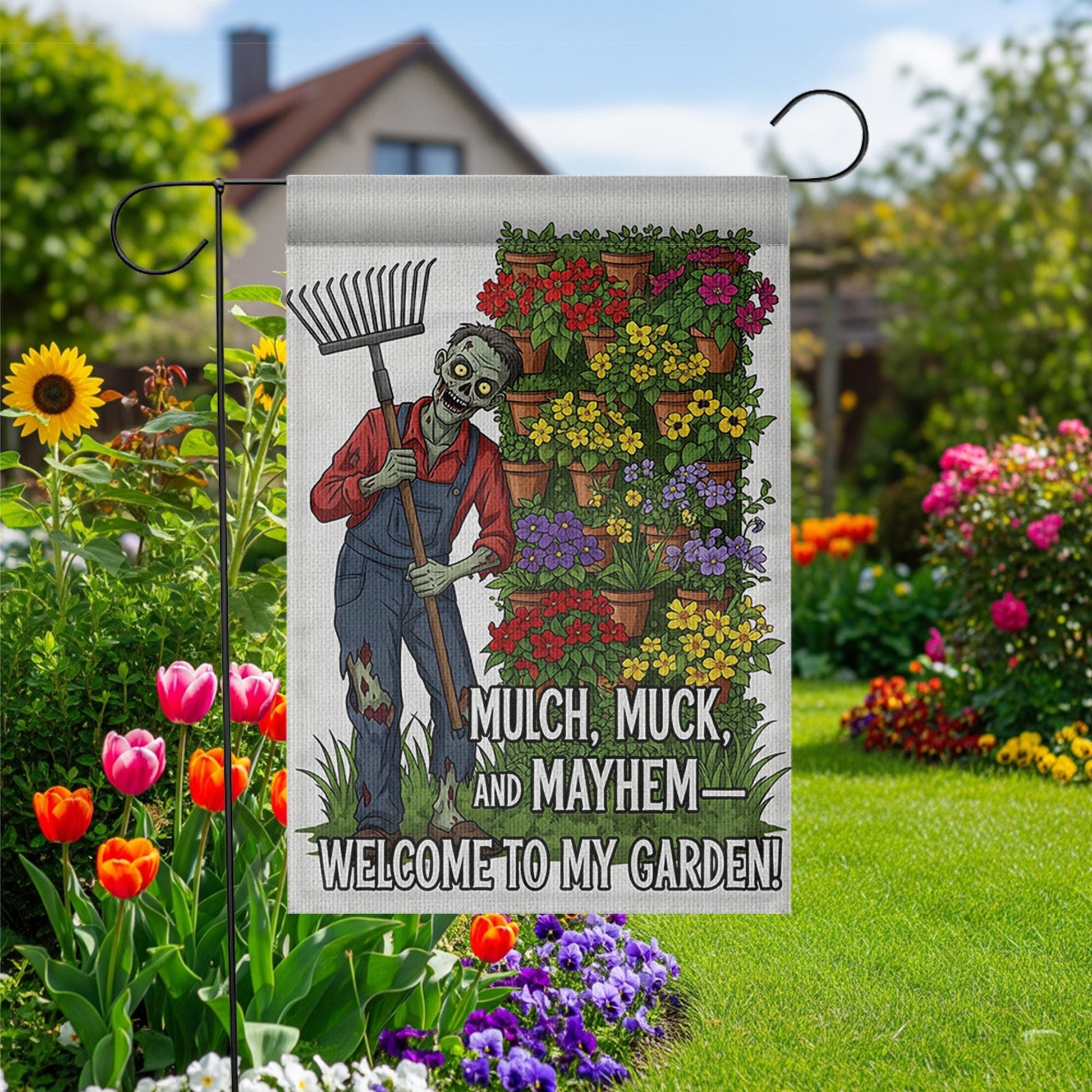 Zombie Garden Flag – Mulch Muck and Mayhem Funny Outdoor Decor, Welcome to My Garden Sign, Spooky Halloween Yard Flag
