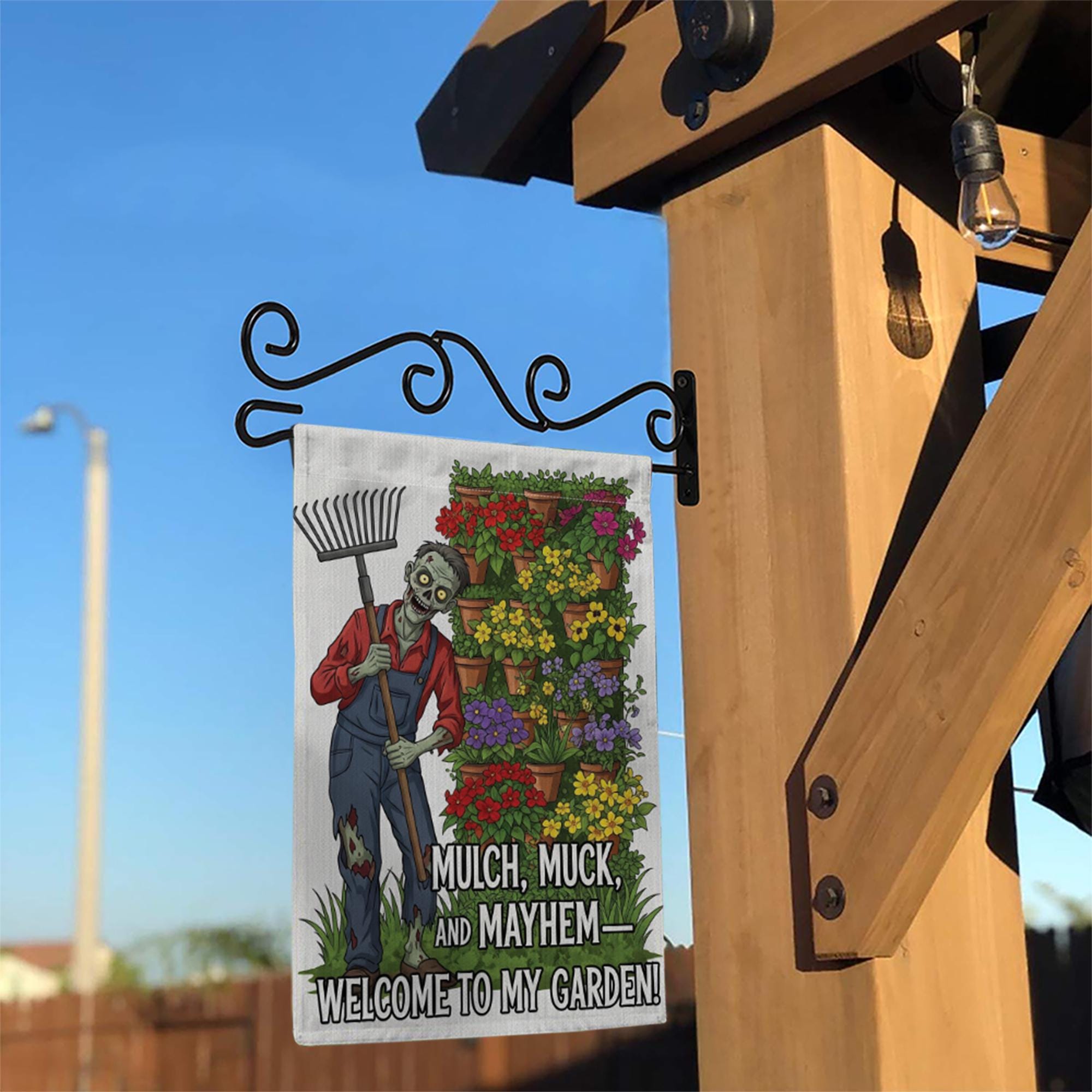 Zombie Garden Flag – Mulch Muck and Mayhem Funny Outdoor Decor, Welcome to My Garden Sign, Spooky Halloween Yard Flag