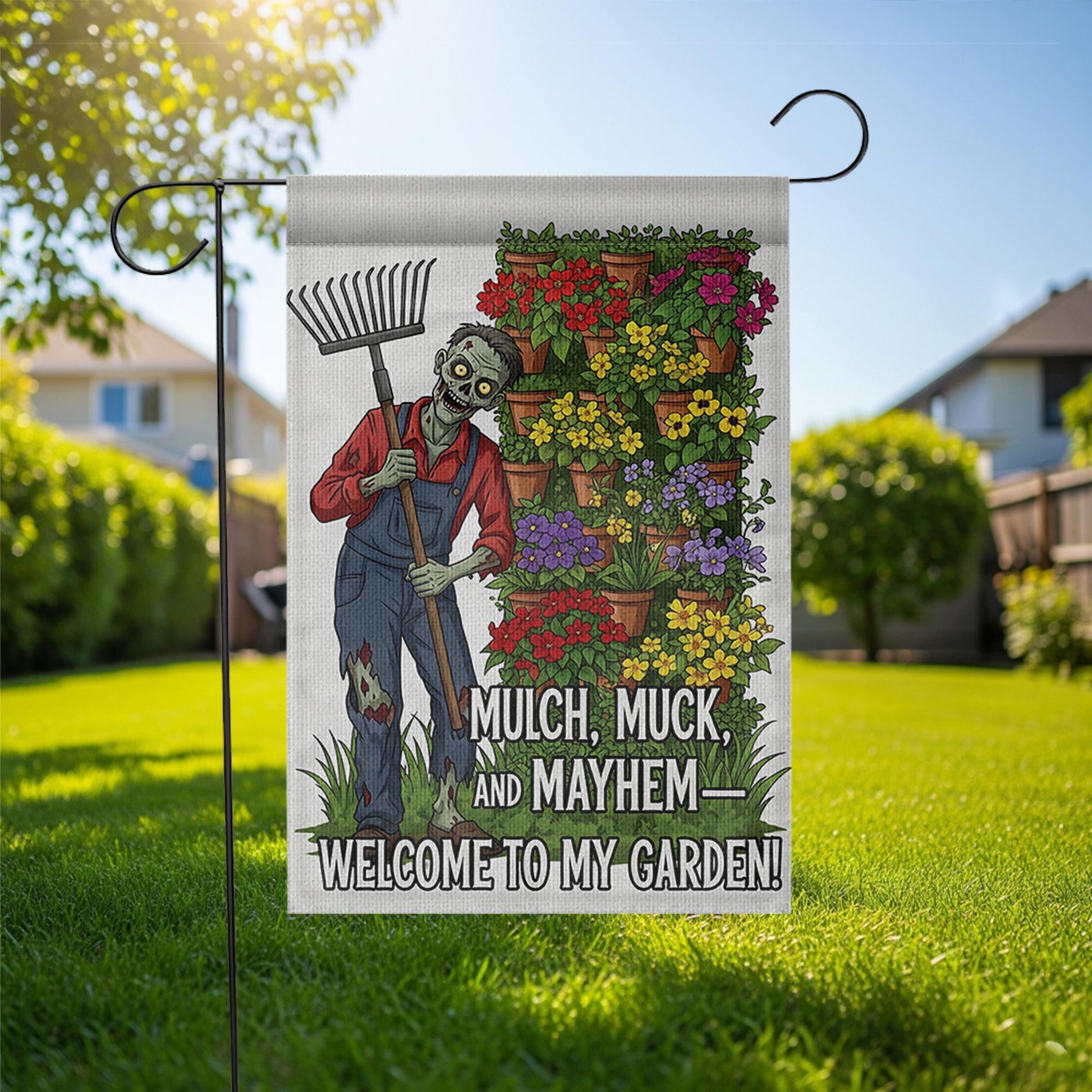 Zombie Garden Flag – Mulch Muck and Mayhem Funny Outdoor Decor, Welcome to My Garden Sign, Spooky Halloween Yard Flag