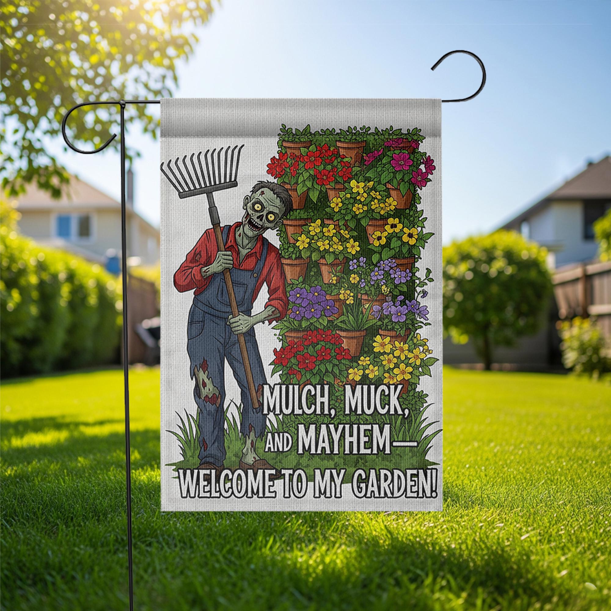 Zombie Garden Flag – Mulch Muck and Mayhem Funny Outdoor Decor, Welcome to My Garden Sign, Spooky Halloween Yard Flag