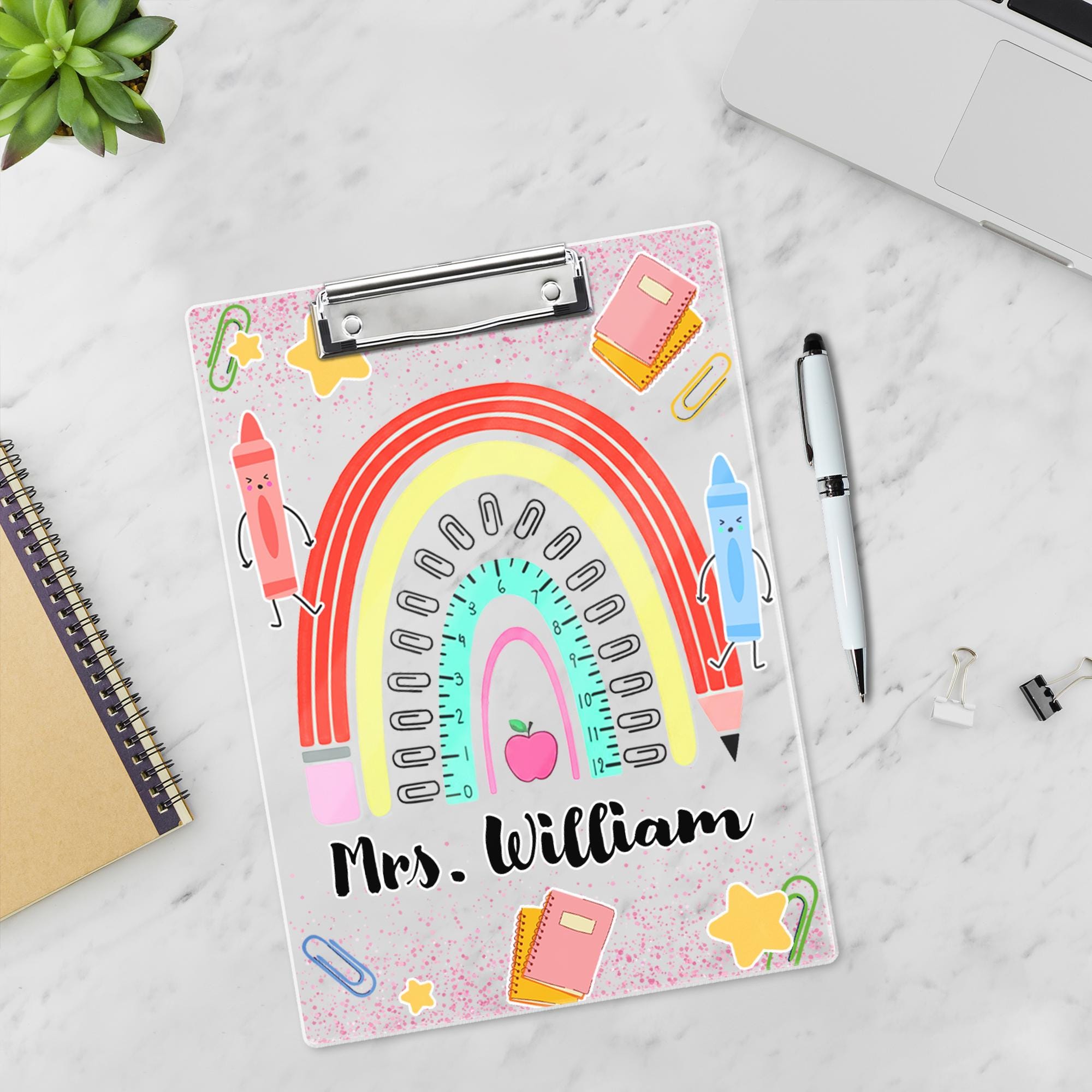 Personalized Teacher Clipboard, Rainbow Ruler Design with Crayons & Name, Cute Custom School Supplies Gift for Classroom Use, Back To School