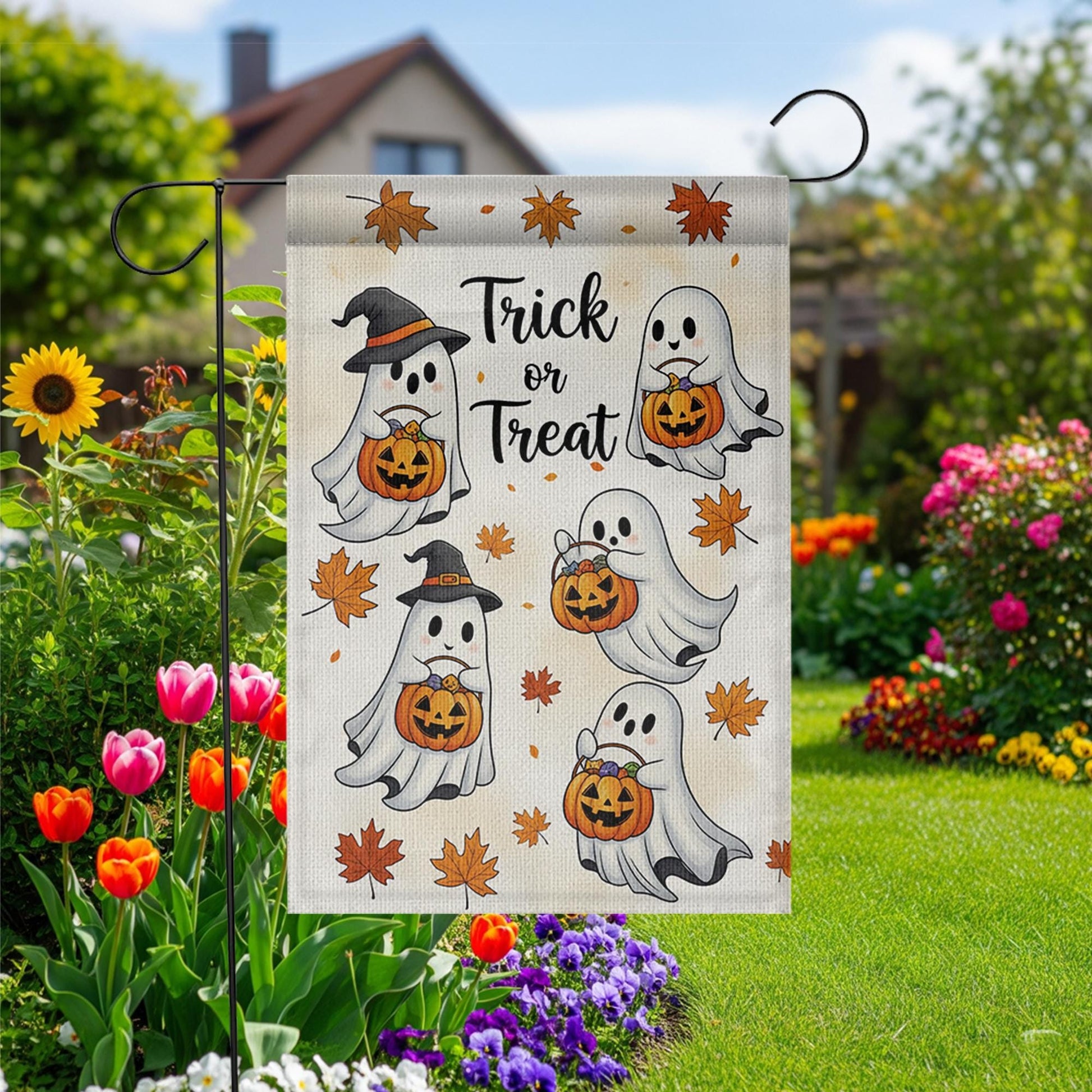 Trick or Treat Ghost Garden Flag – Cute Halloween Yard Decor with Pumpkins & Leaves, Outdoor Fall Decoration for Porch or Lawn