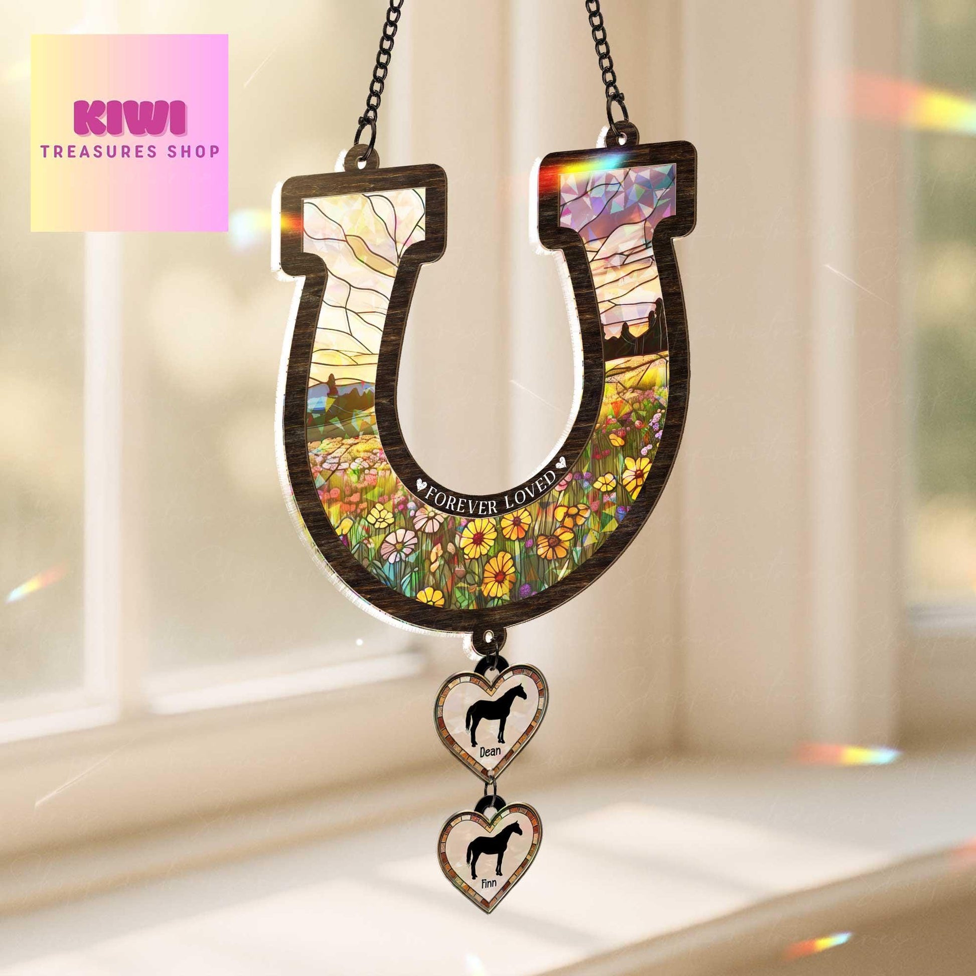 Custom Horse Memorial Suncatcher, Holographic Acrylic Horseshoe with Pet Names, Forever Loved Window Decor, Rainbow Remembrance Gift