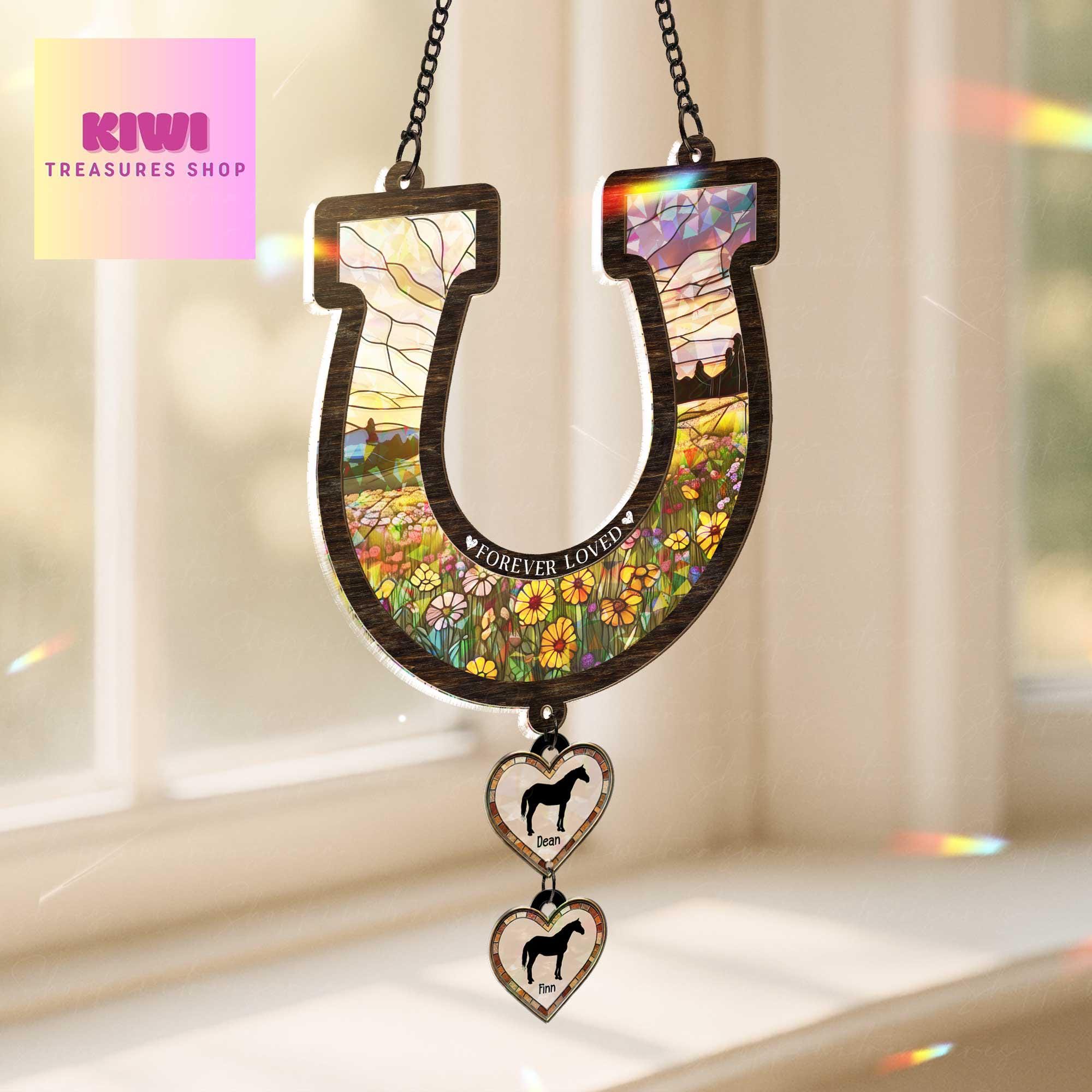 Custom Horse Memorial Suncatcher, Holographic Acrylic Horseshoe with Pet Names, Forever Loved Window Decor, Rainbow Remembrance Gift