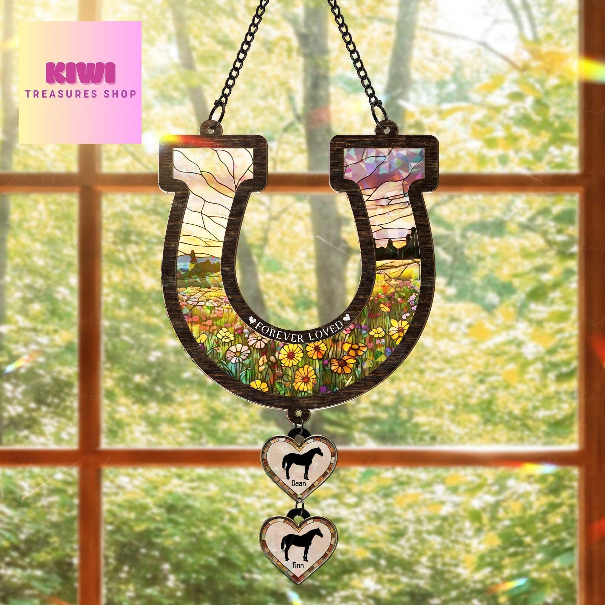Custom Horse Memorial Suncatcher, Holographic Acrylic Horseshoe with Pet Names, Forever Loved Window Decor, Rainbow Remembrance Gift