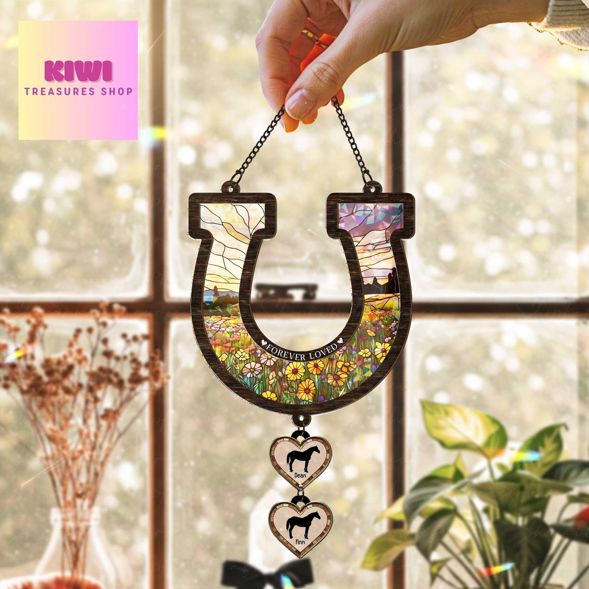 Custom Horse Memorial Suncatcher, Holographic Acrylic Horseshoe with Pet Names, Forever Loved Window Decor, Rainbow Remembrance Gift